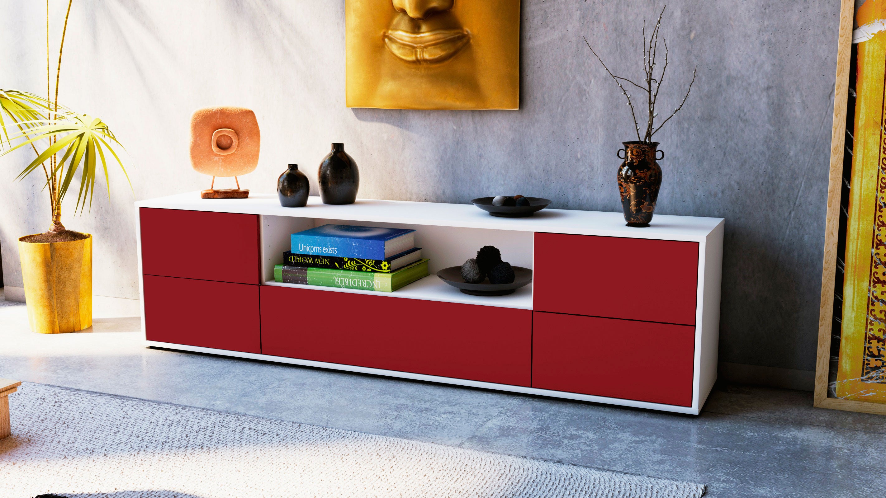 Lowboard - Atlanta - Design Farbakzent - Freistehend mit Push to Open 180 cm Weiss