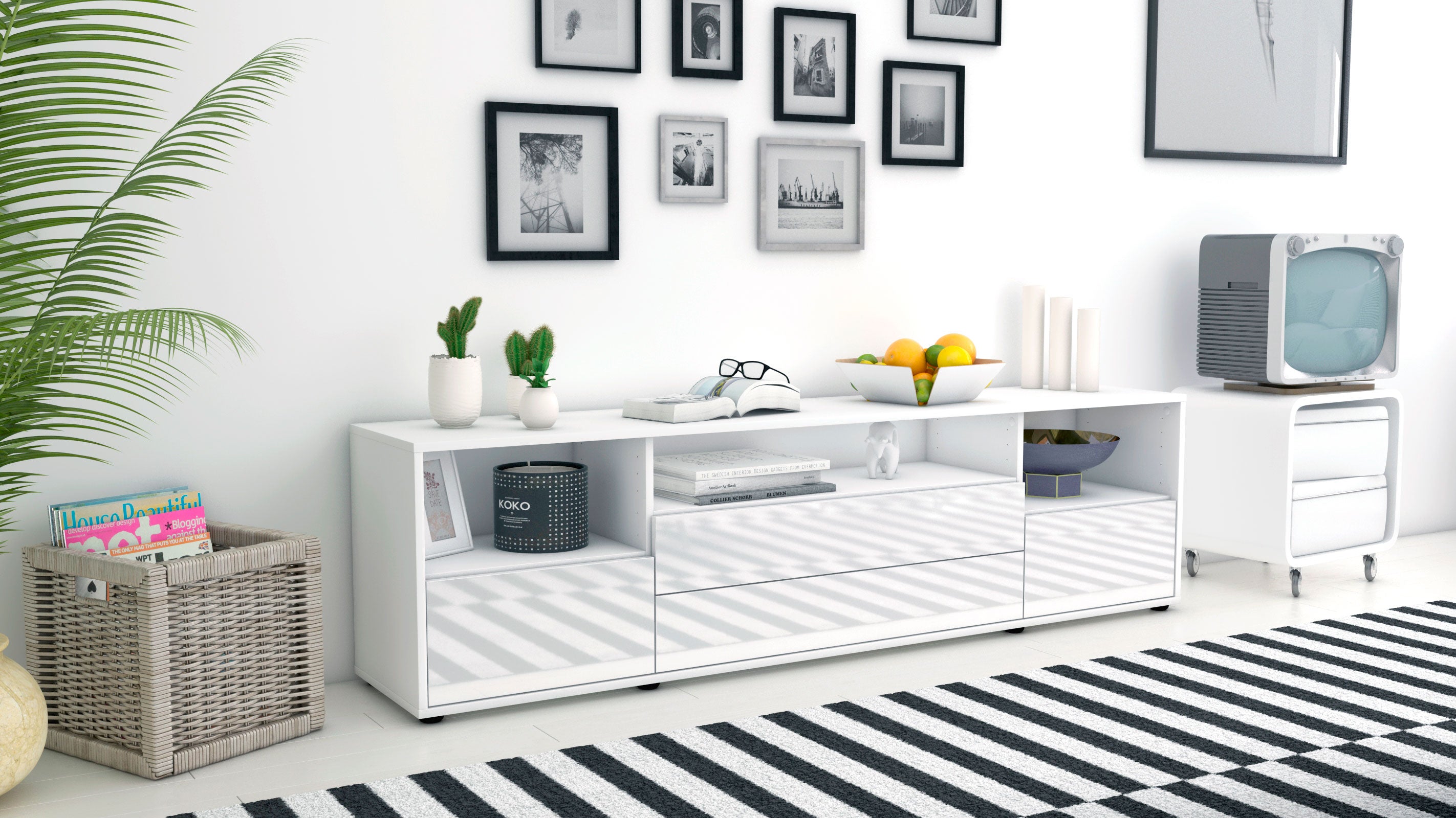 Lowboard - Azula - Design Hochglanz - Freistehend mit Push to Open 180 cm Weiss