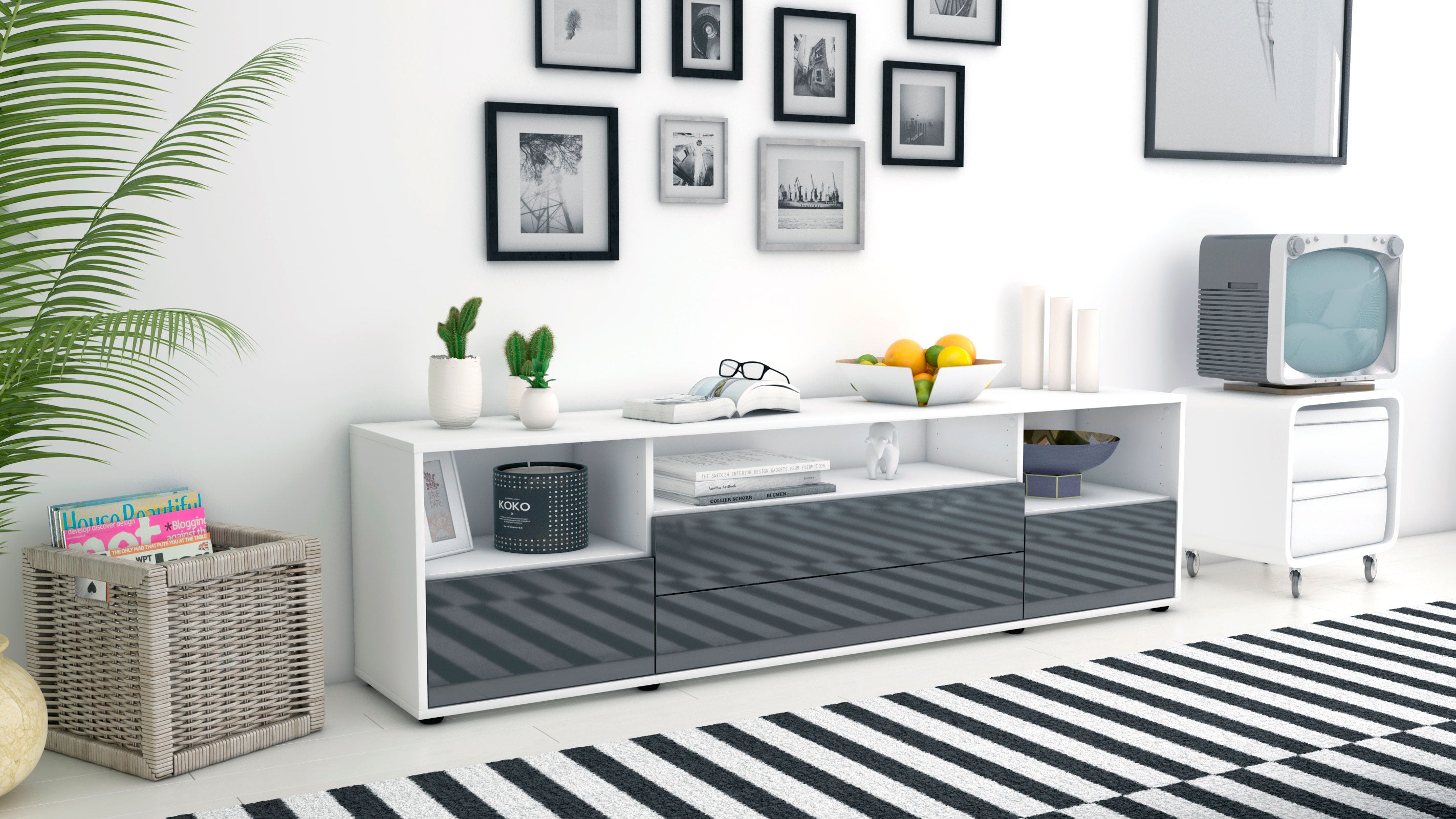 Lowboard - Azula - Design Hochglanz - Freistehend mit Push to Open 180 cm Weiss