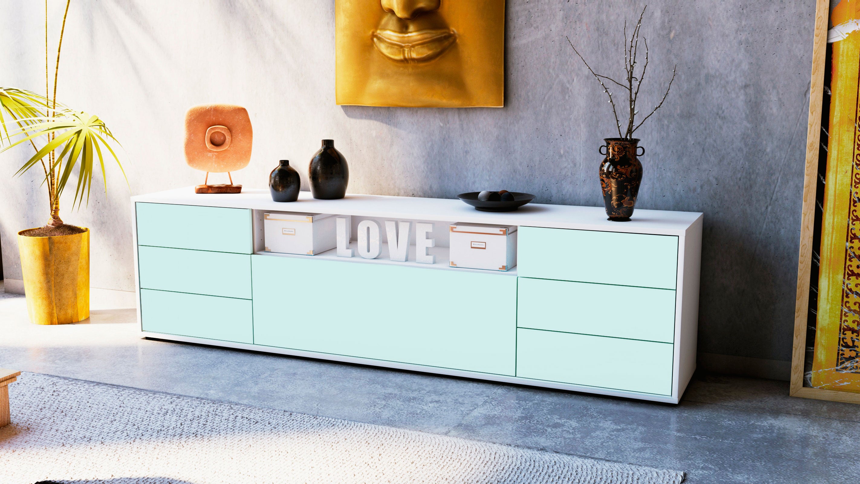 Lowboard - Beatrice - Design Farbakzent - Freistehend mit Push to Open 180 cm Weiss