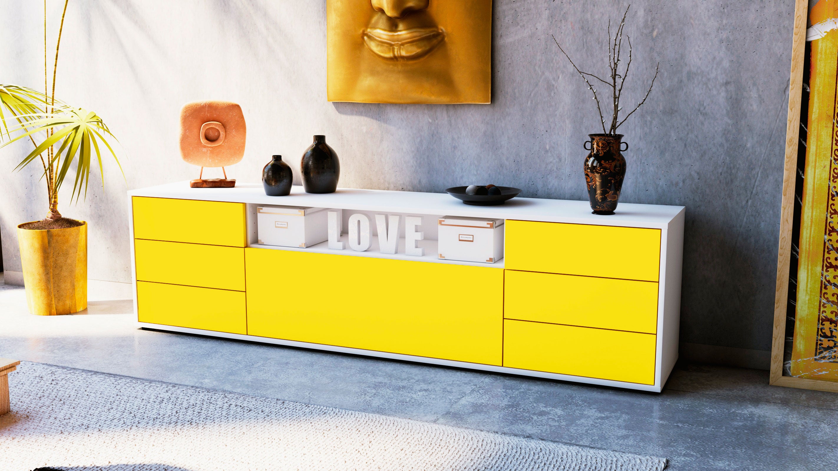 Lowboard - Beatrice - Design Farbakzent - Freistehend mit Push to Open 180 cm Weiss