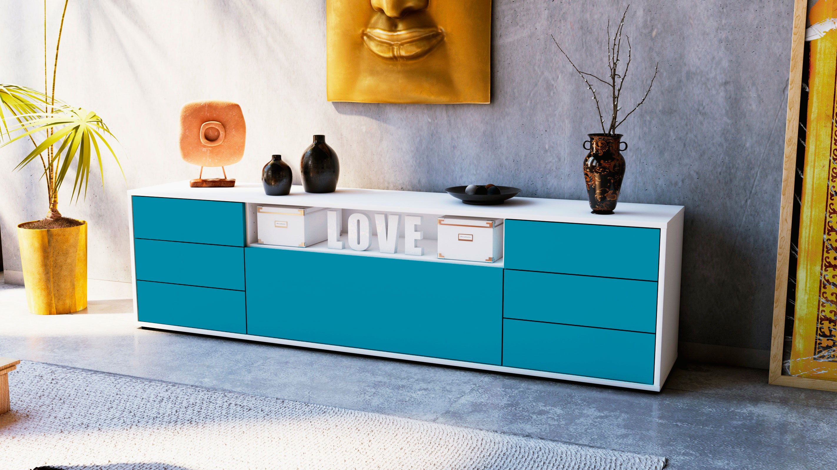 Lowboard - Beatrice - Design Farbakzent - Freistehend mit Push to Open 180 cm Weiss