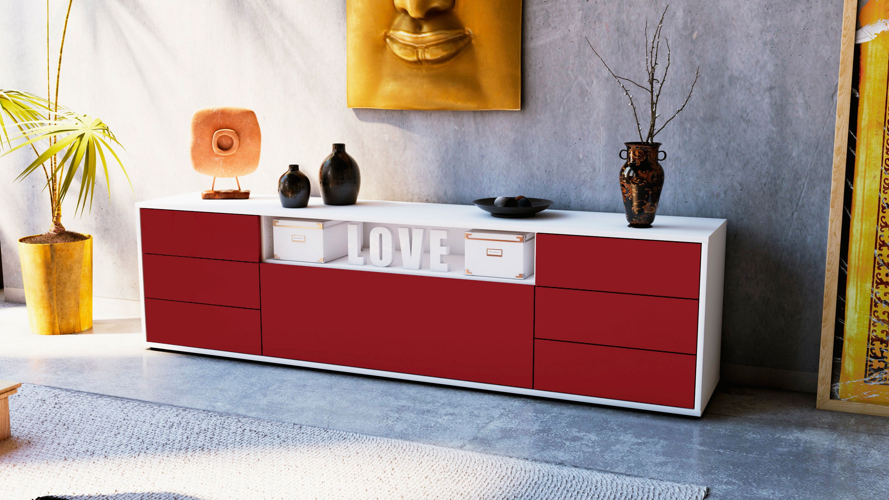 Lowboard - Beatrice - Design Farbakzent - Freistehend mit Push to Open 180 cm Weiss