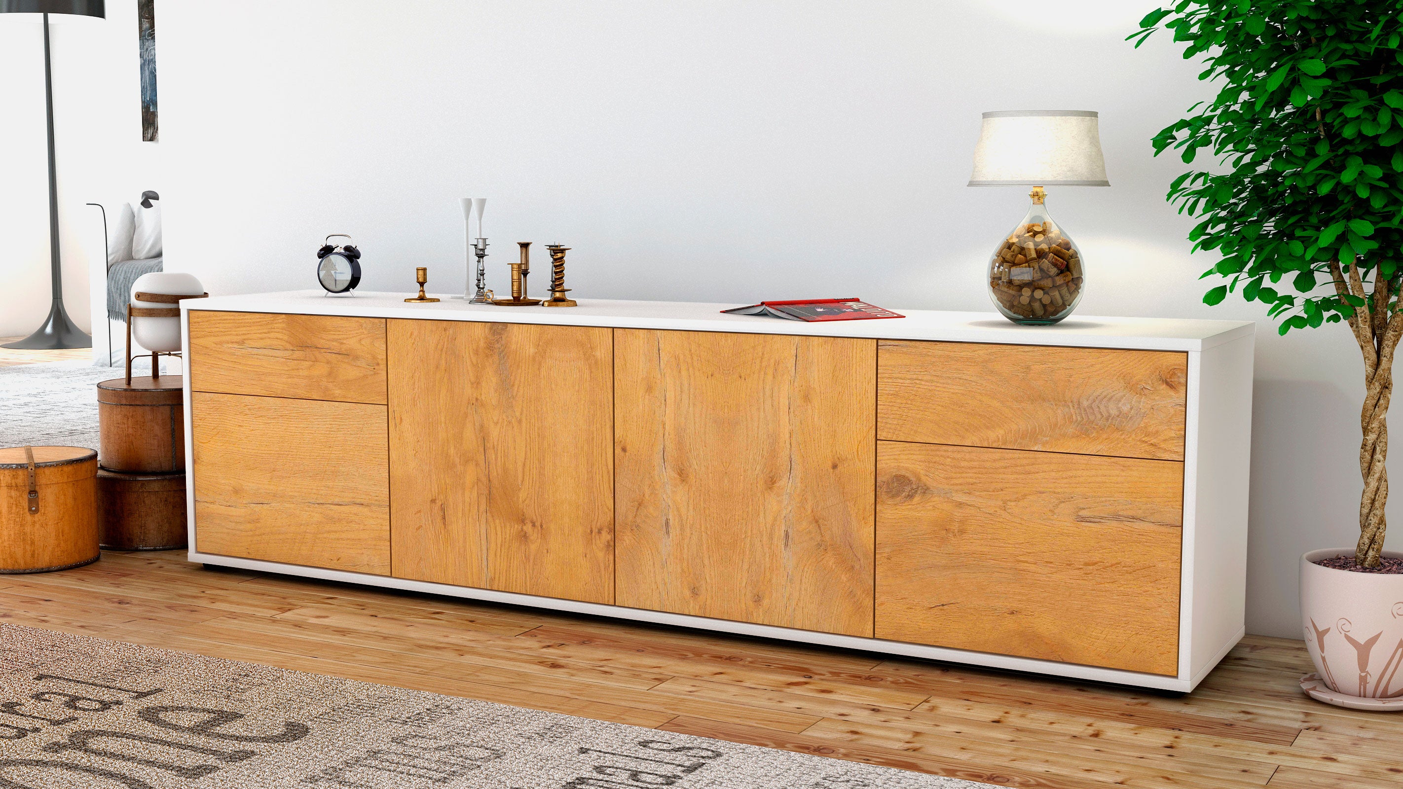 Lowboard - Benedetta - Design Holzdekor - Freistehend mit Push to Open 180 cm Weiss