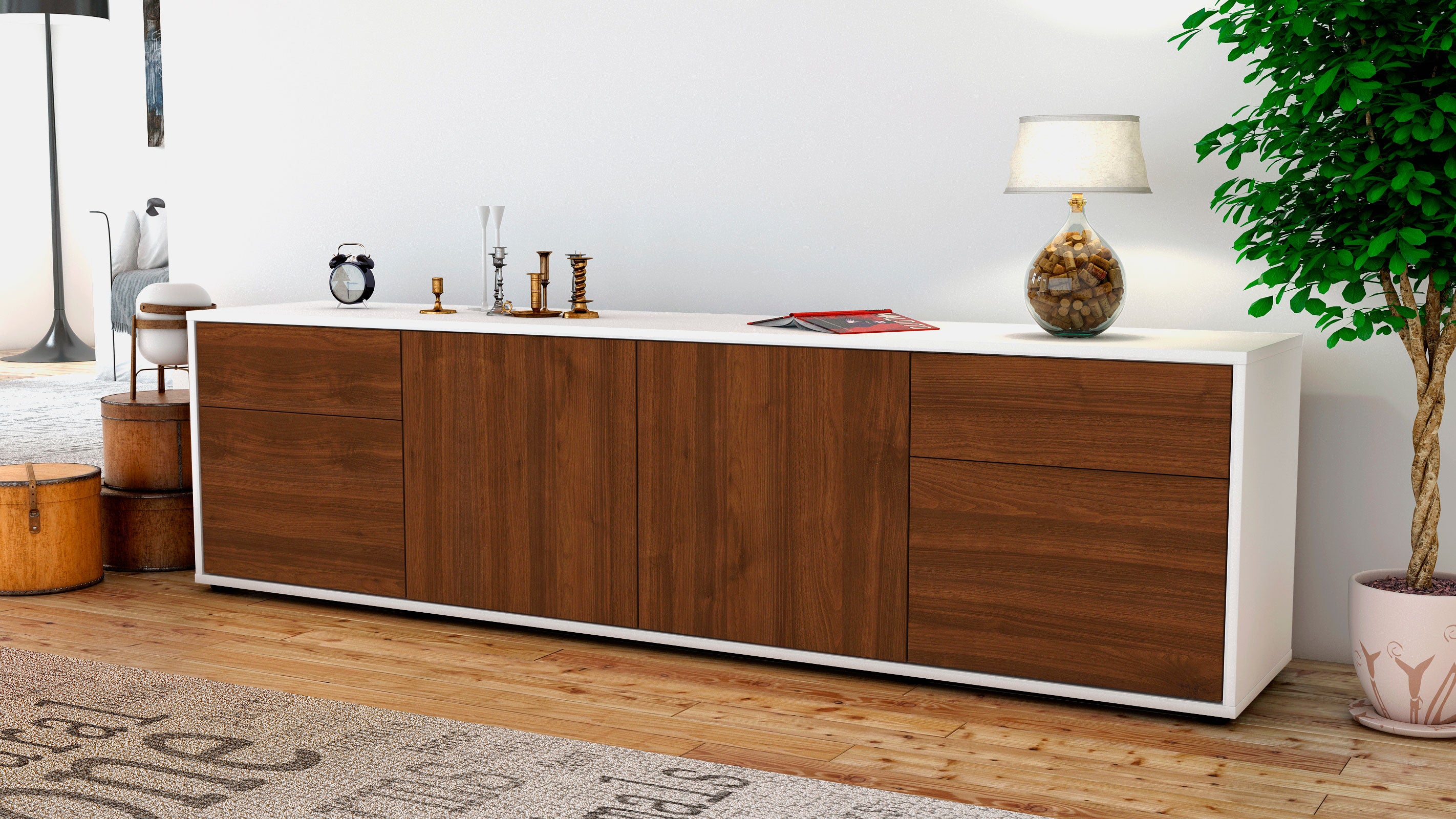 Lowboard - Benedetta - Design Holzdekor - Freistehend mit Push to Open 180 cm Weiss