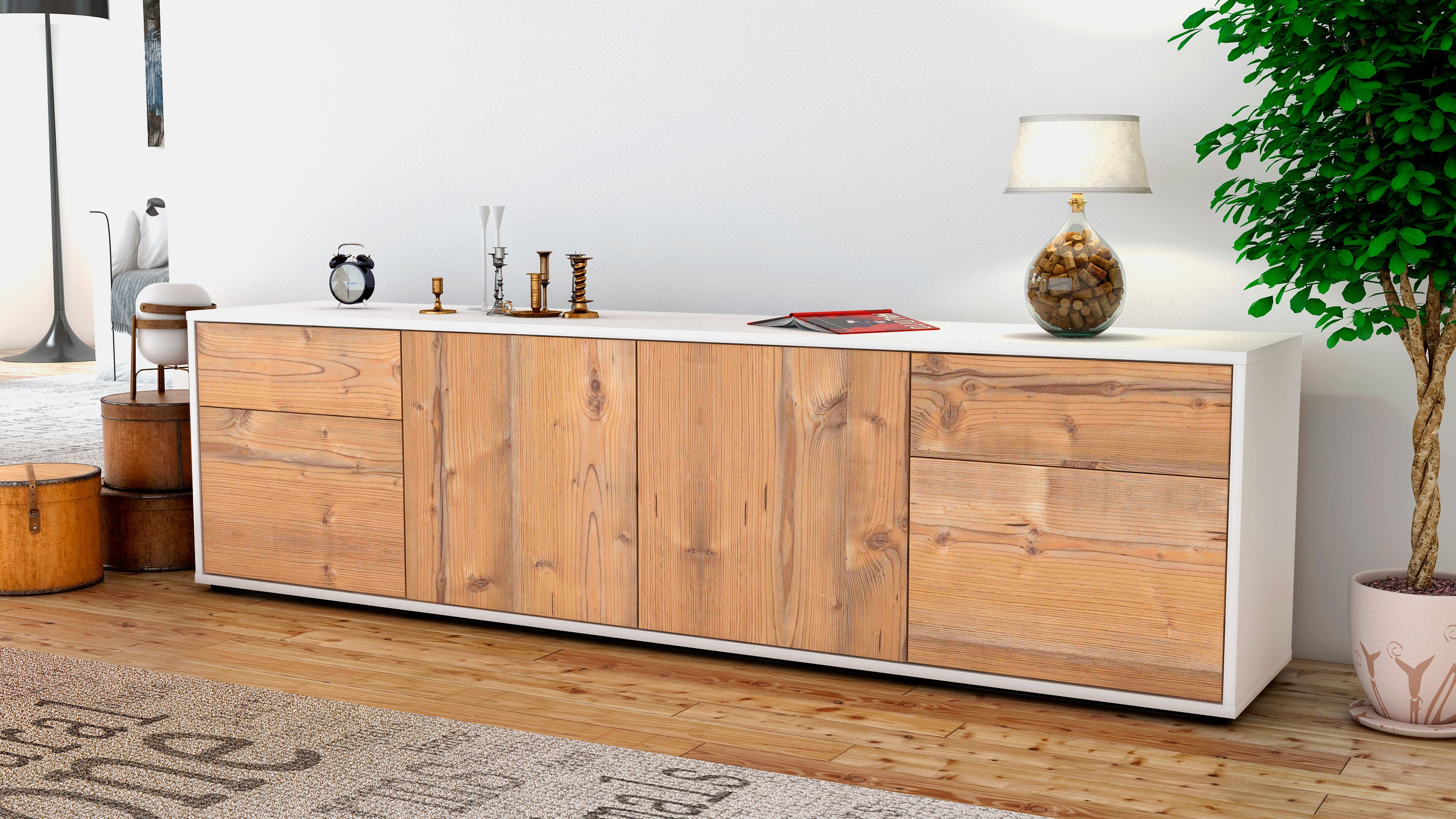 Lowboard - Benedetta - Design Holzdekor - Freistehend mit Push to Open 180 cm Weiss