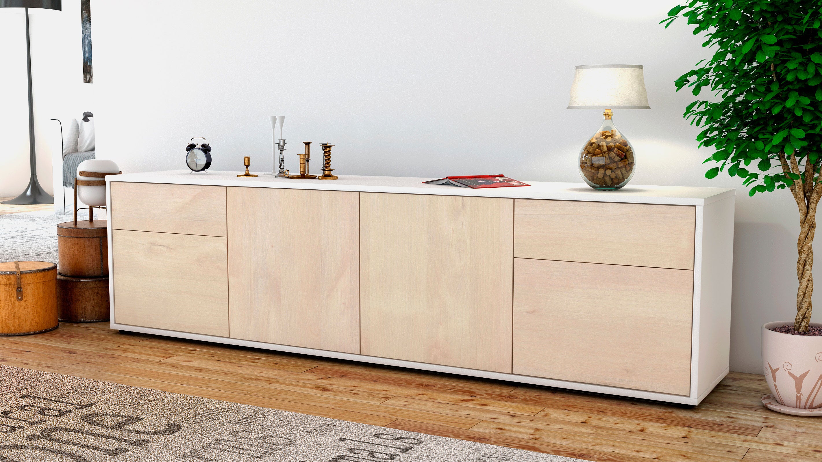 Lowboard - Benedetta - Design Holzdekor - Freistehend mit Push to Open 180 cm Weiss