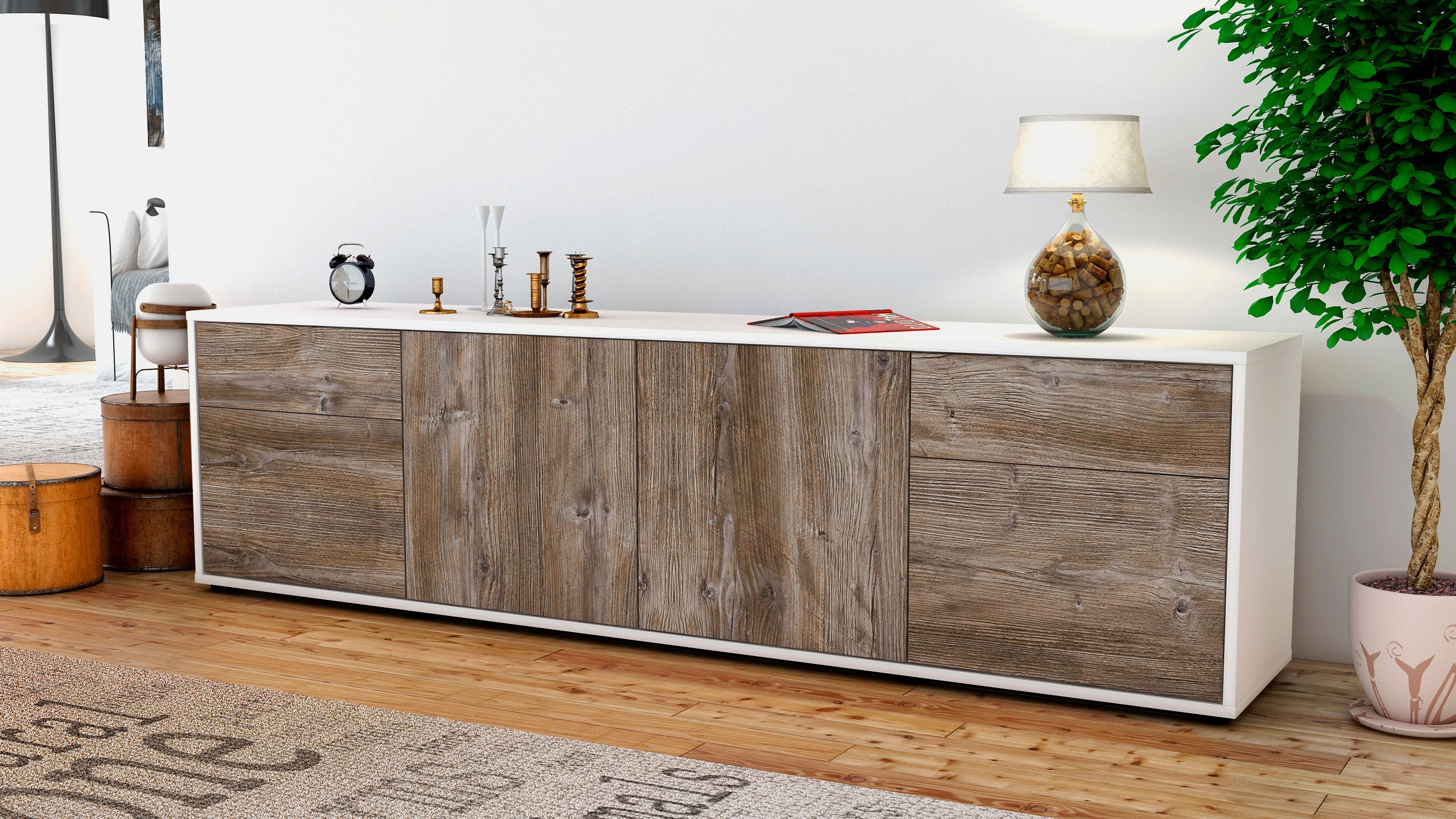 Lowboard - Benedetta - Design Holzdekor - Freistehend mit Push to Open 180 cm Weiss
