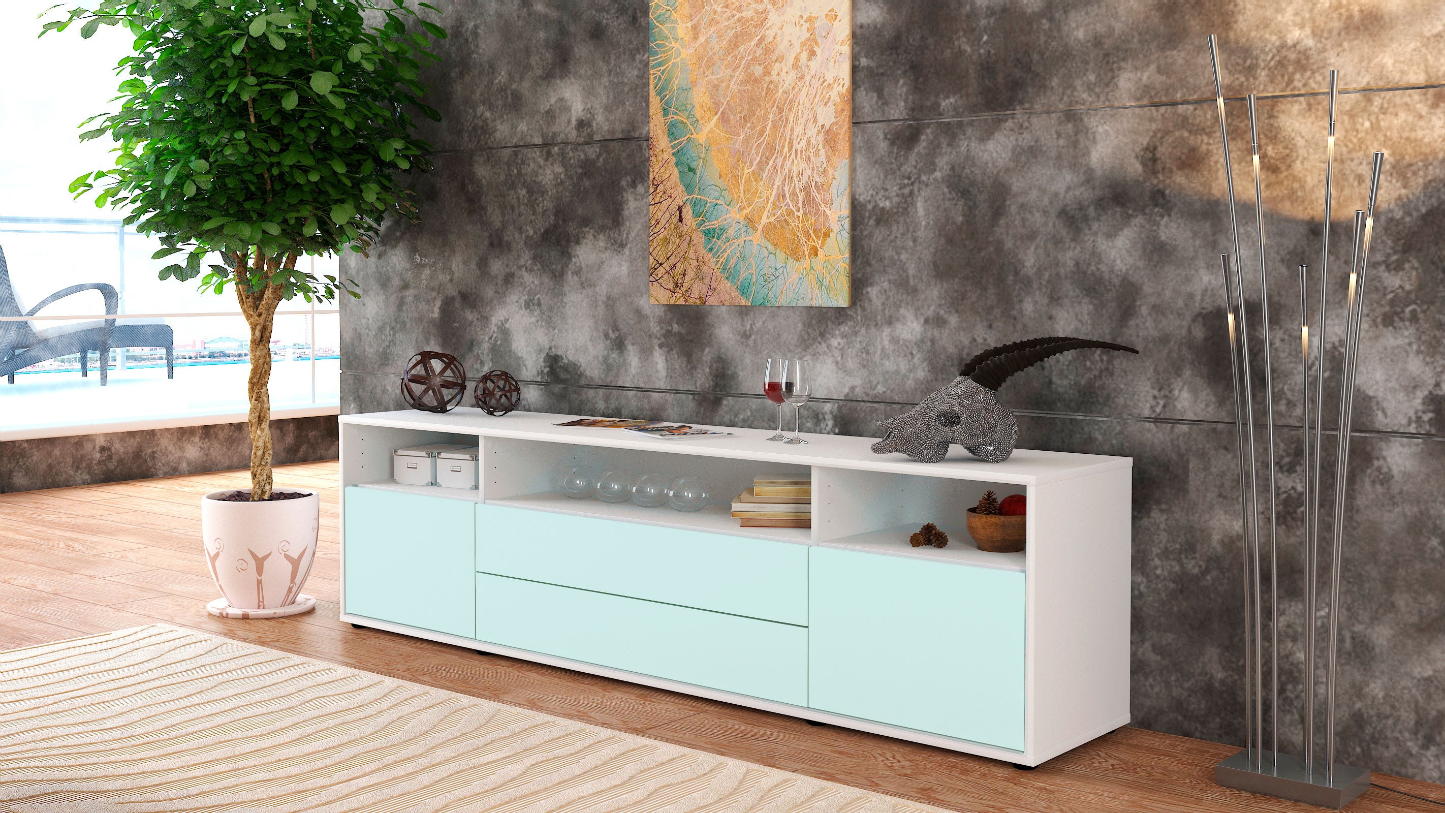 Lowboard - Biancaneve - Design Farbakzent - Freistehend mit Push to Open 180 cm Weiss