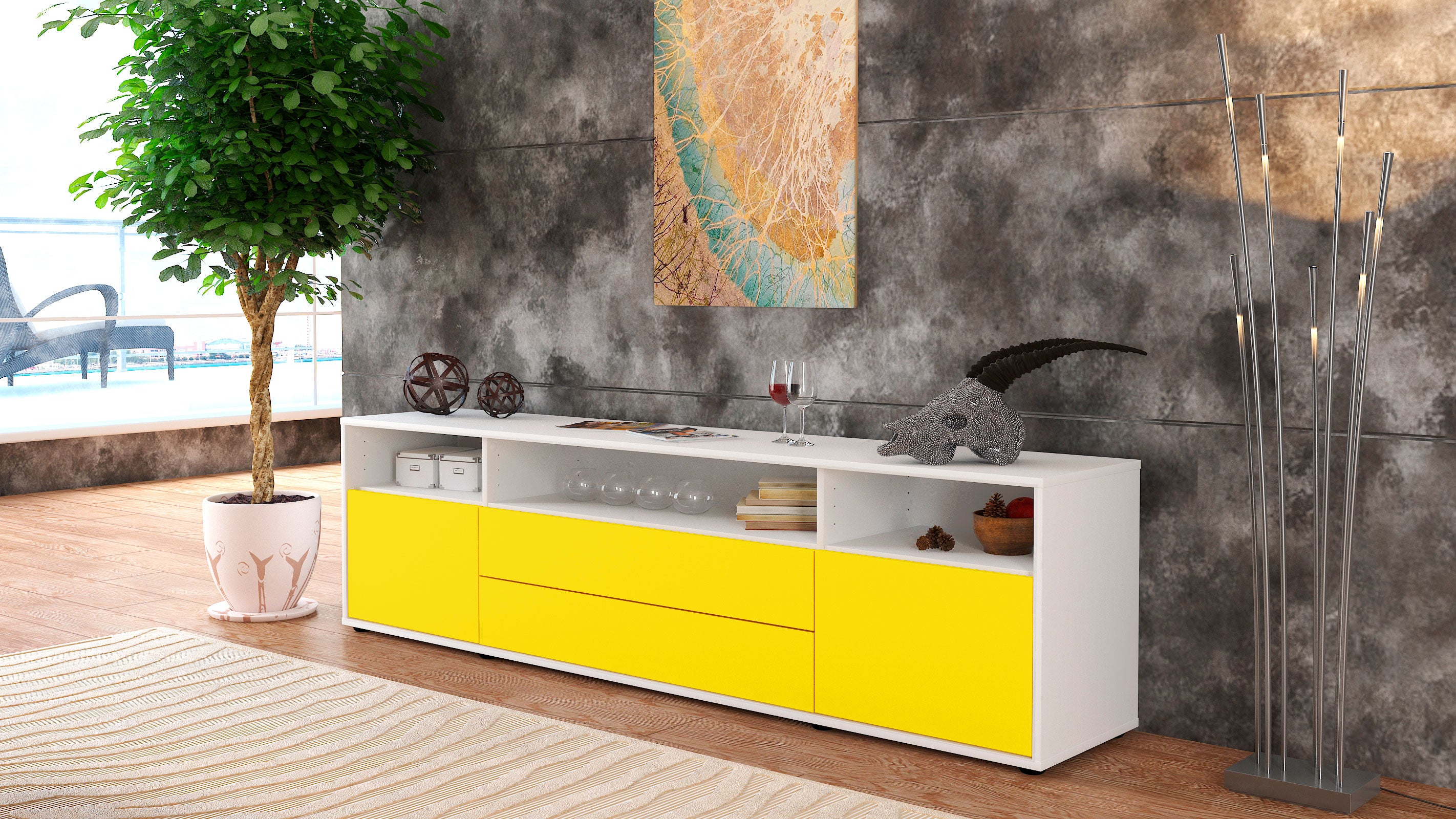 Lowboard - Biancaneve - Design Farbakzent - Freistehend mit Push to Open 180 cm Weiss