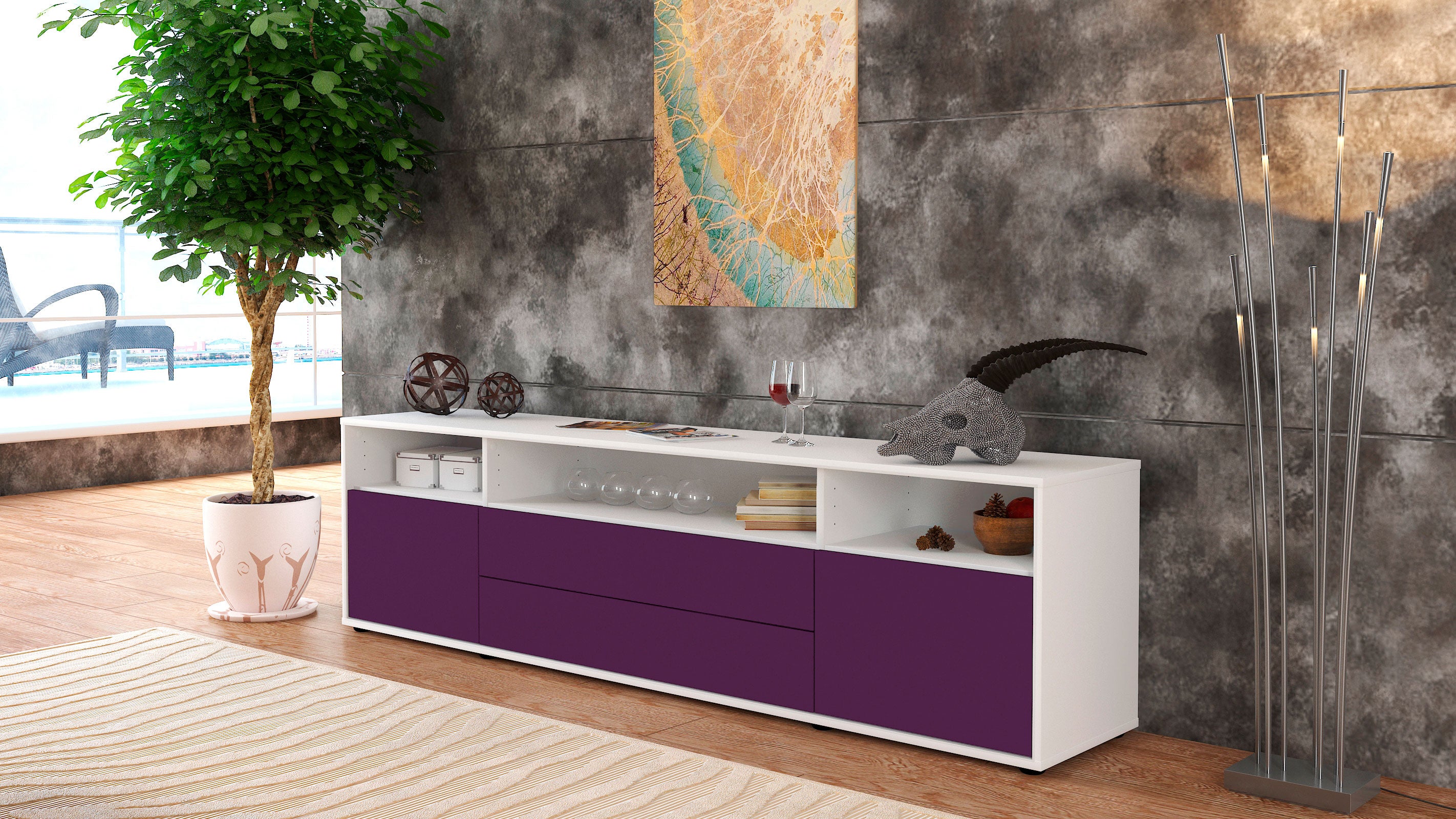 Lowboard - Biancaneve - Design Farbakzent - Freistehend mit Push to Open 180 cm Weiss