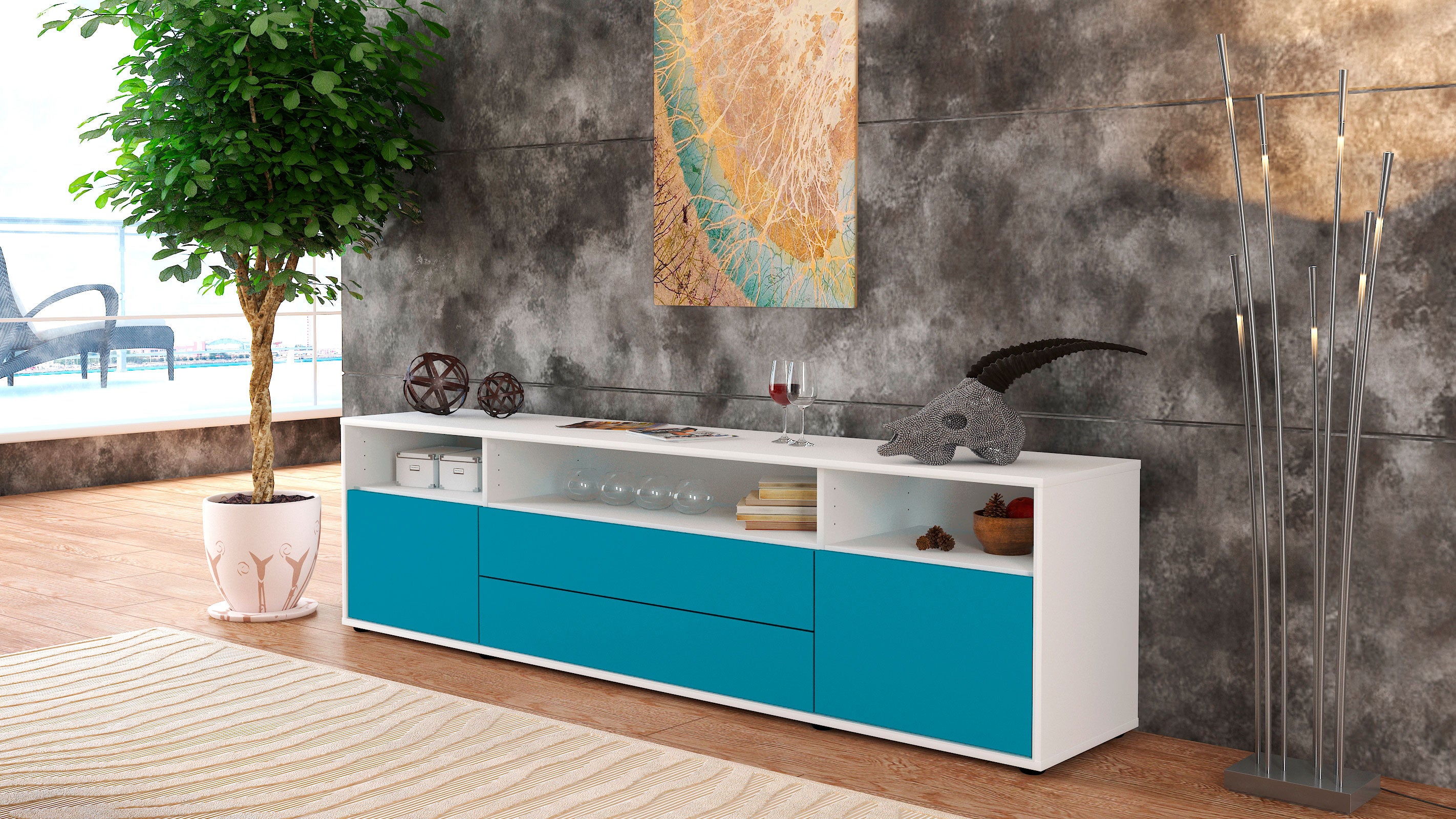 Lowboard - Biancaneve - Design Farbakzent - Freistehend mit Push to Open 180 cm Weiss