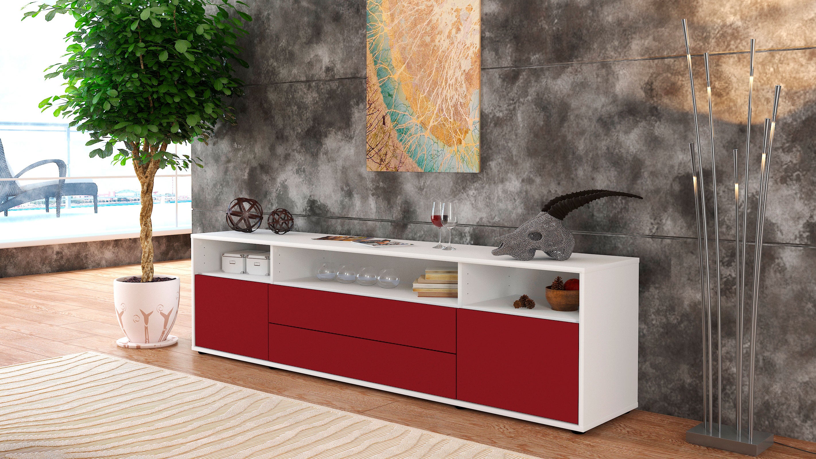 Lowboard - Biancaneve - Design Farbakzent - Freistehend mit Push to Open 180 cm Weiss
