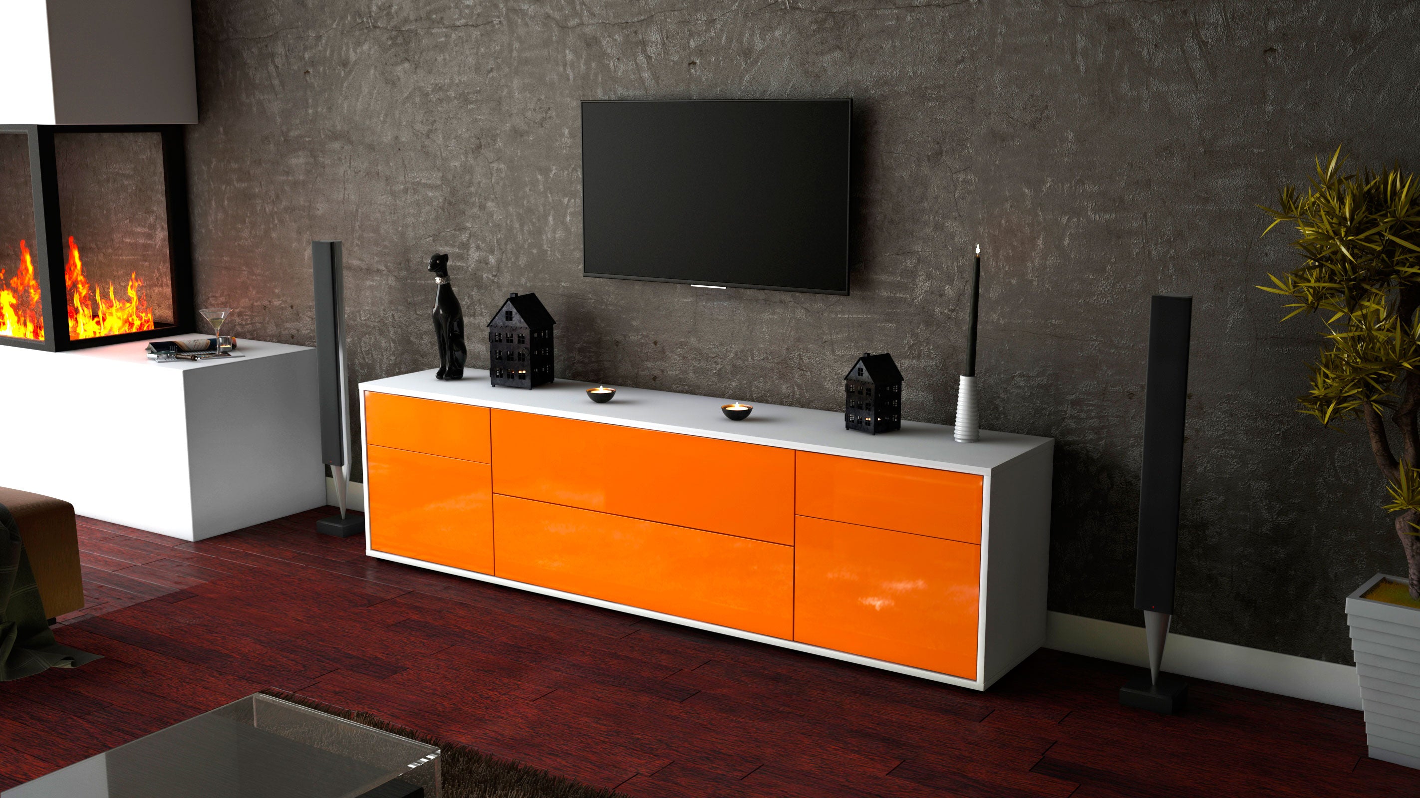 Lowboard - Bibiane - Design Hochglanz - Freistehend mit Push to Open 180 cm Weiss
