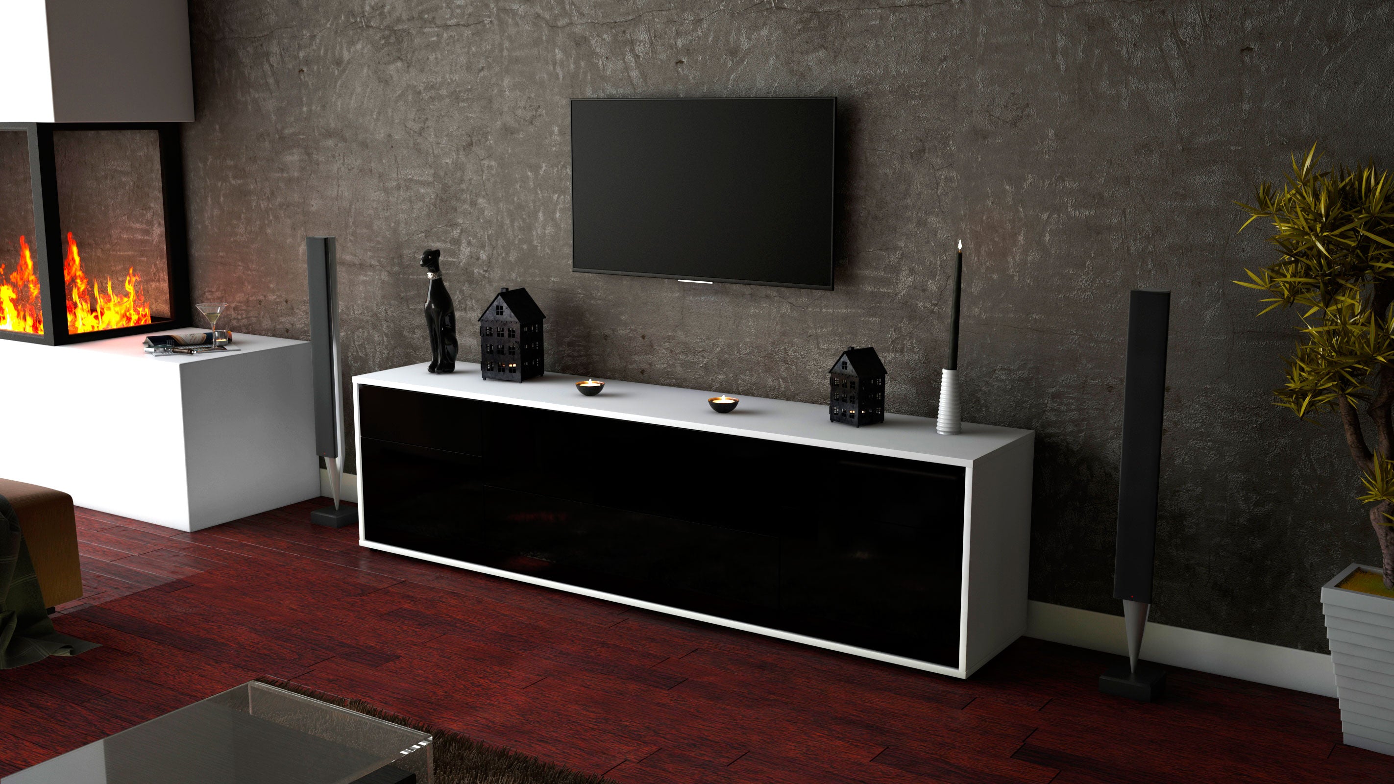 Lowboard - Bibiane - Design Hochglanz - Freistehend mit Push to Open 180 cm Weiss