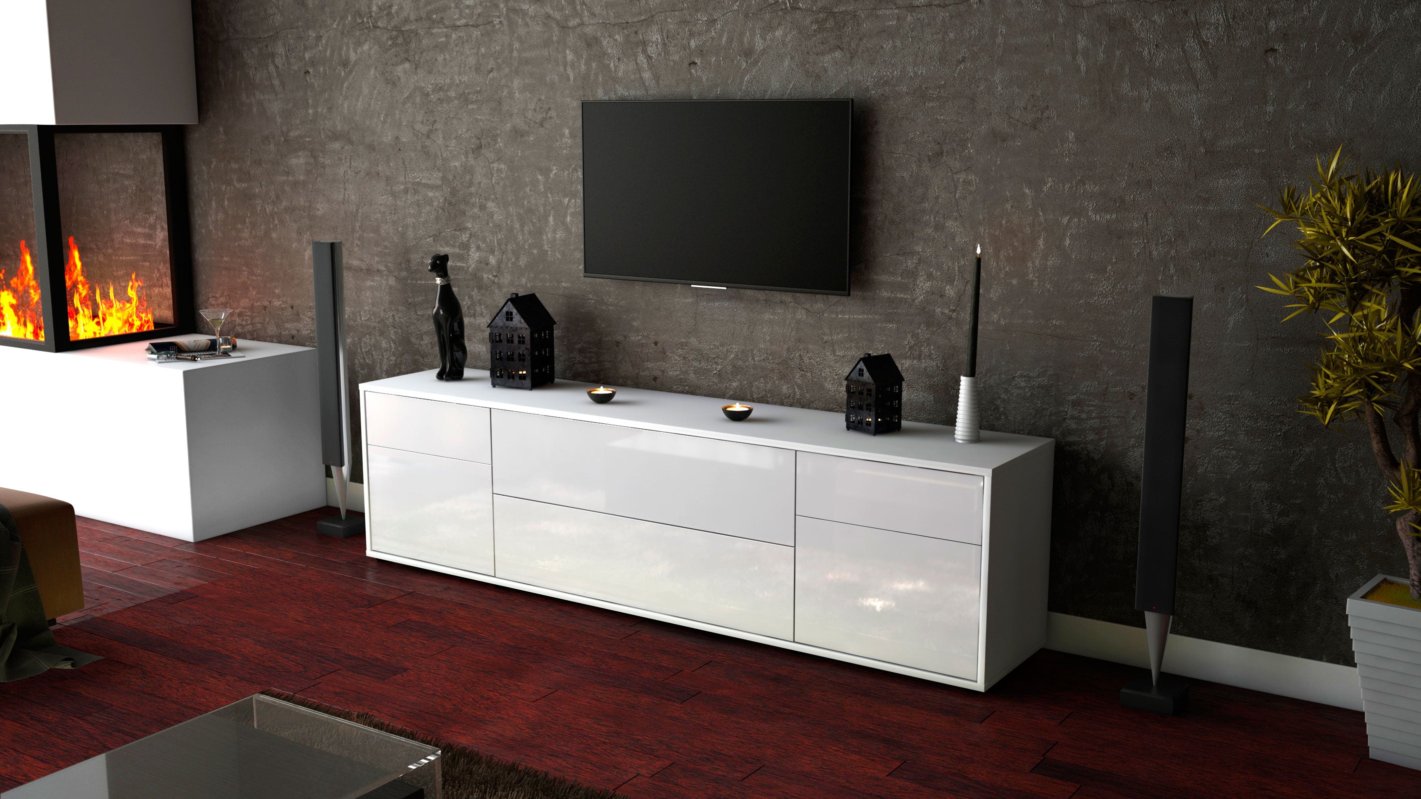 Lowboard - Bibiane - Design Hochglanz - Freistehend mit Push to Open 180 cm Weiss