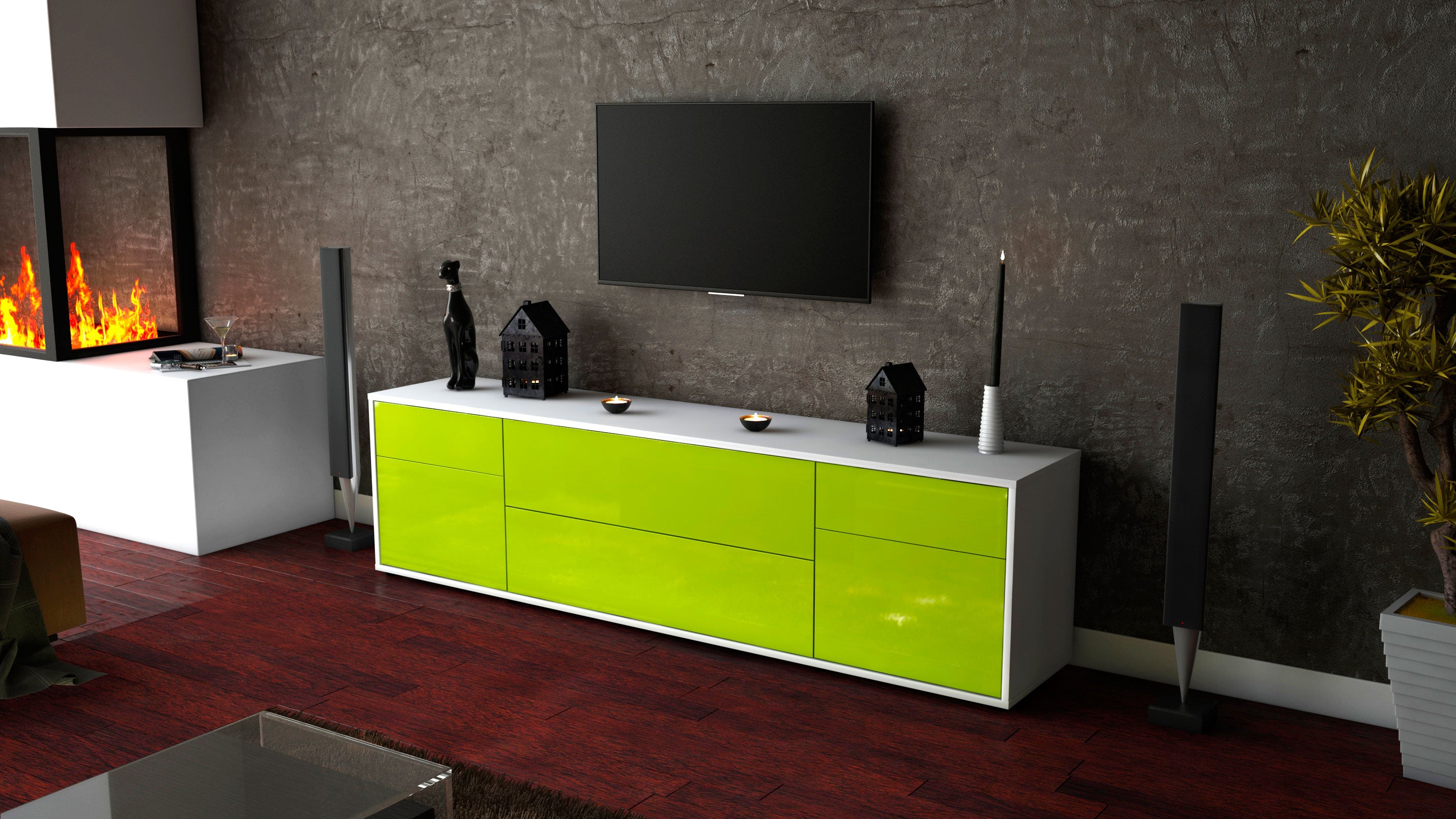 Lowboard - Bibiane - Design Hochglanz - Freistehend mit Push to Open 180 cm Weiss