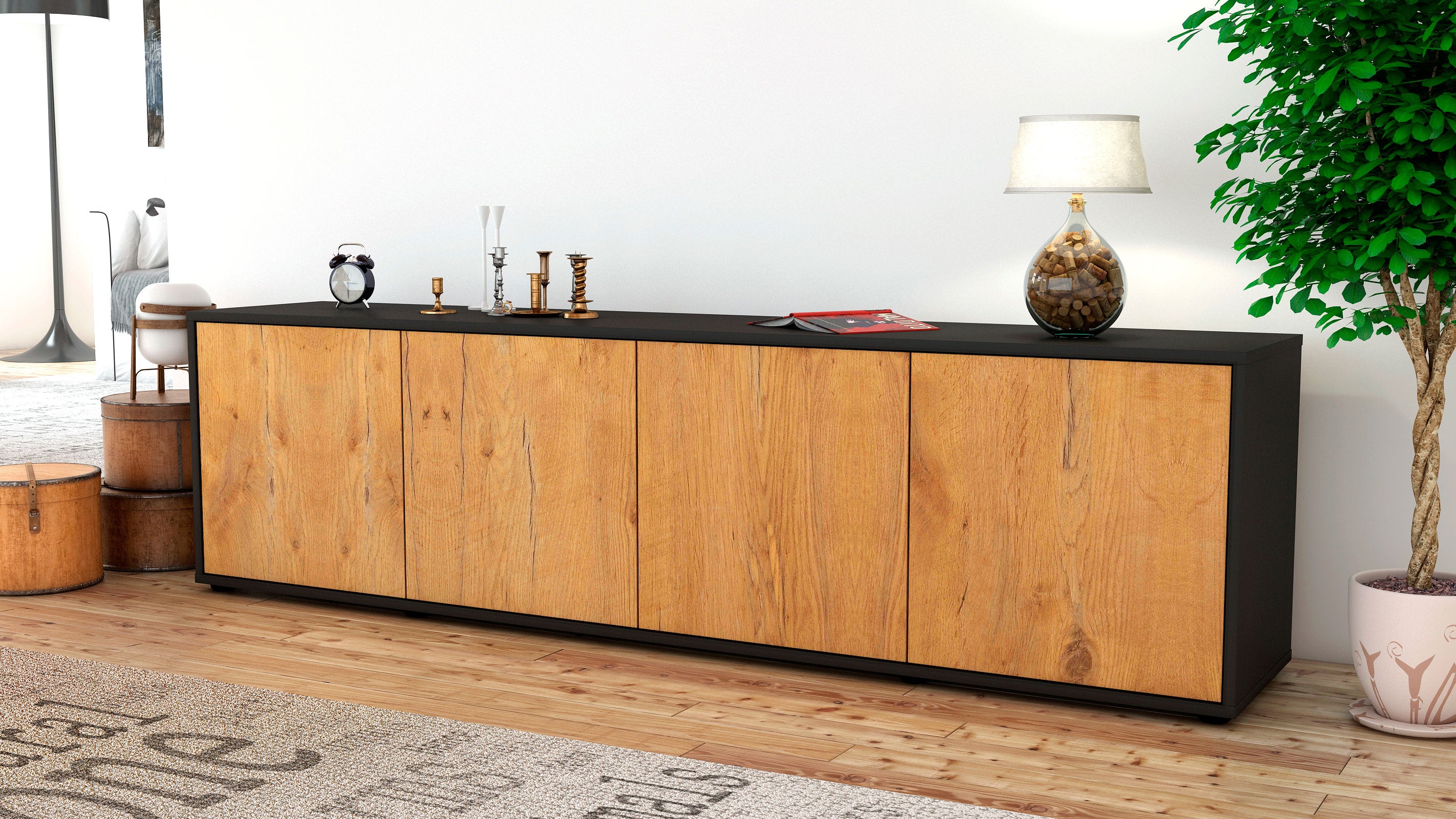 Lowboard - Antonia - Design Holzdekor - Freistehend mit Push to Open 180 cm Anthrazit