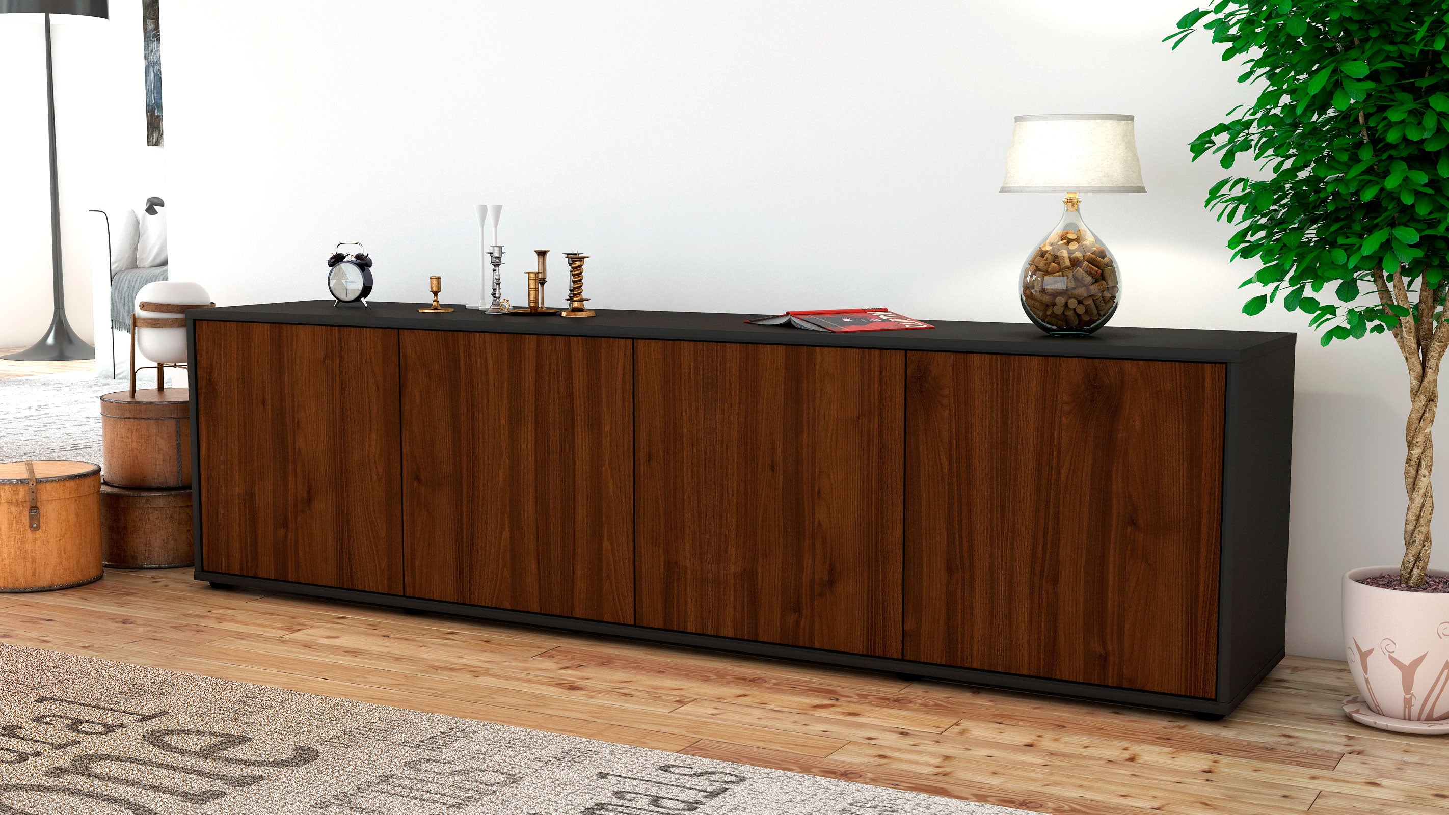 Lowboard - Antonia - Design Holzdekor - Freistehend mit Push to Open 180 cm Anthrazit