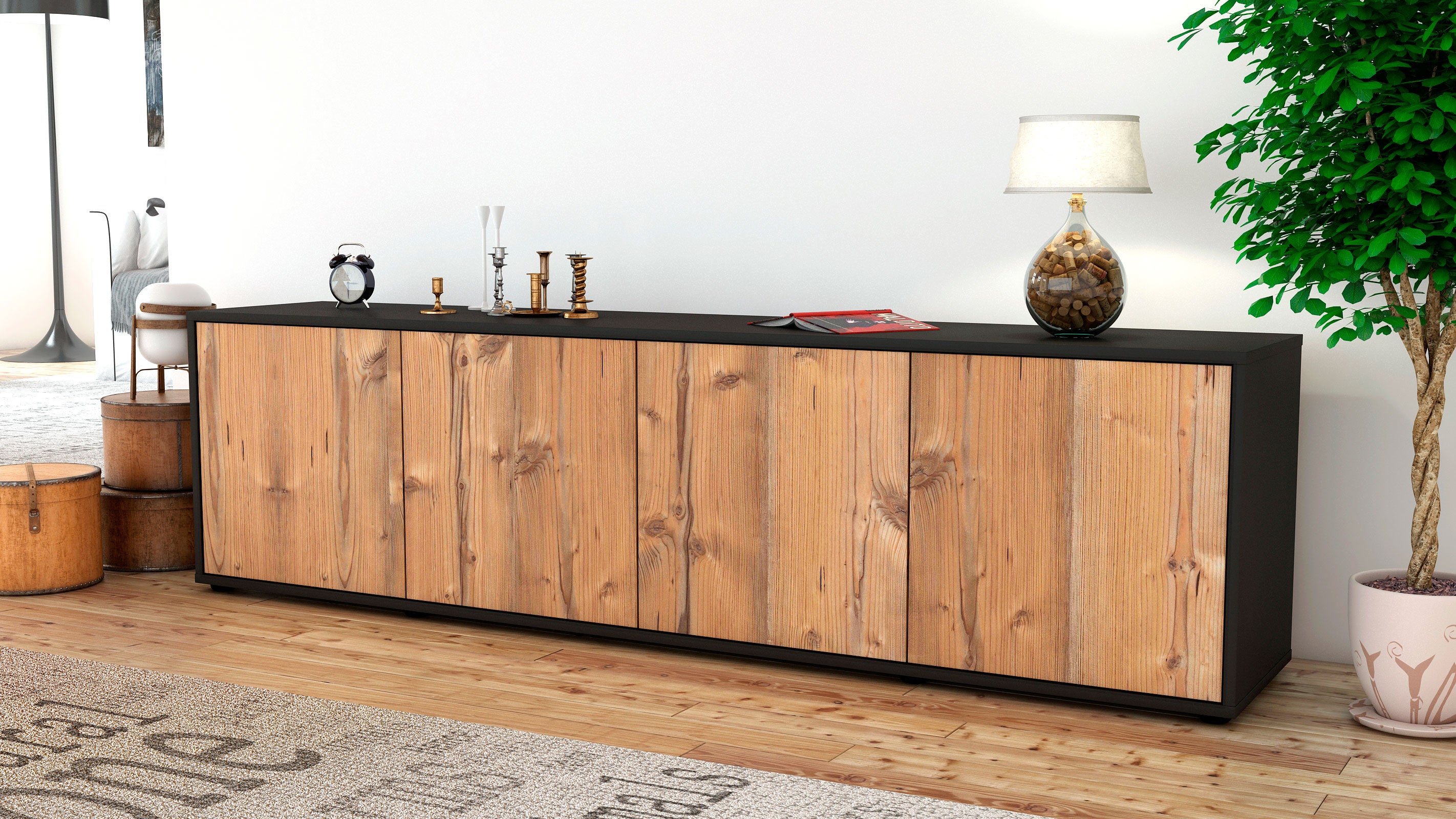 Lowboard - Antonia - Design Holzdekor - Freistehend mit Push to Open 180 cm Anthrazit