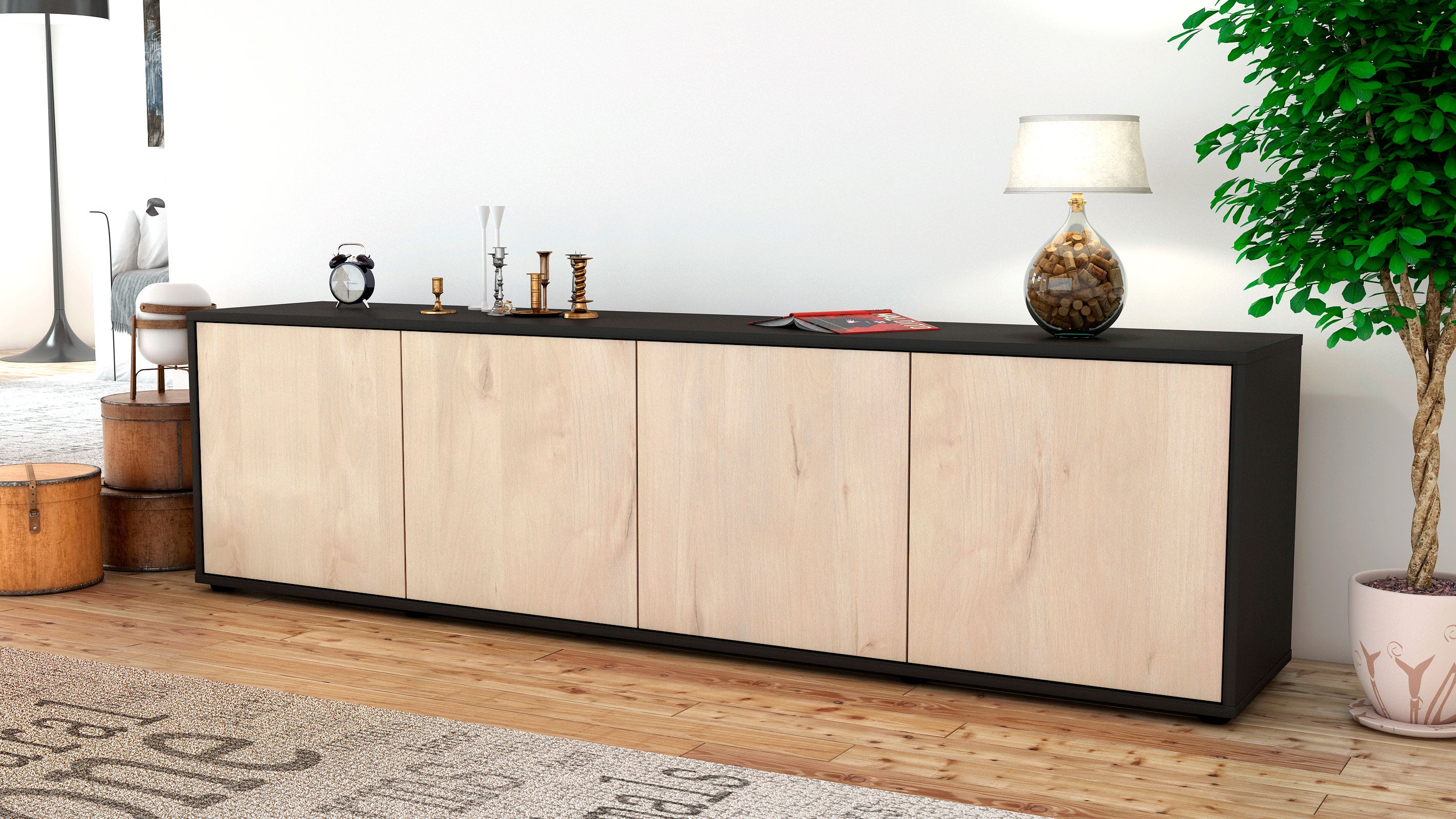 Lowboard - Antonia - Design Holzdekor - Freistehend mit Push to Open 180 cm Anthrazit