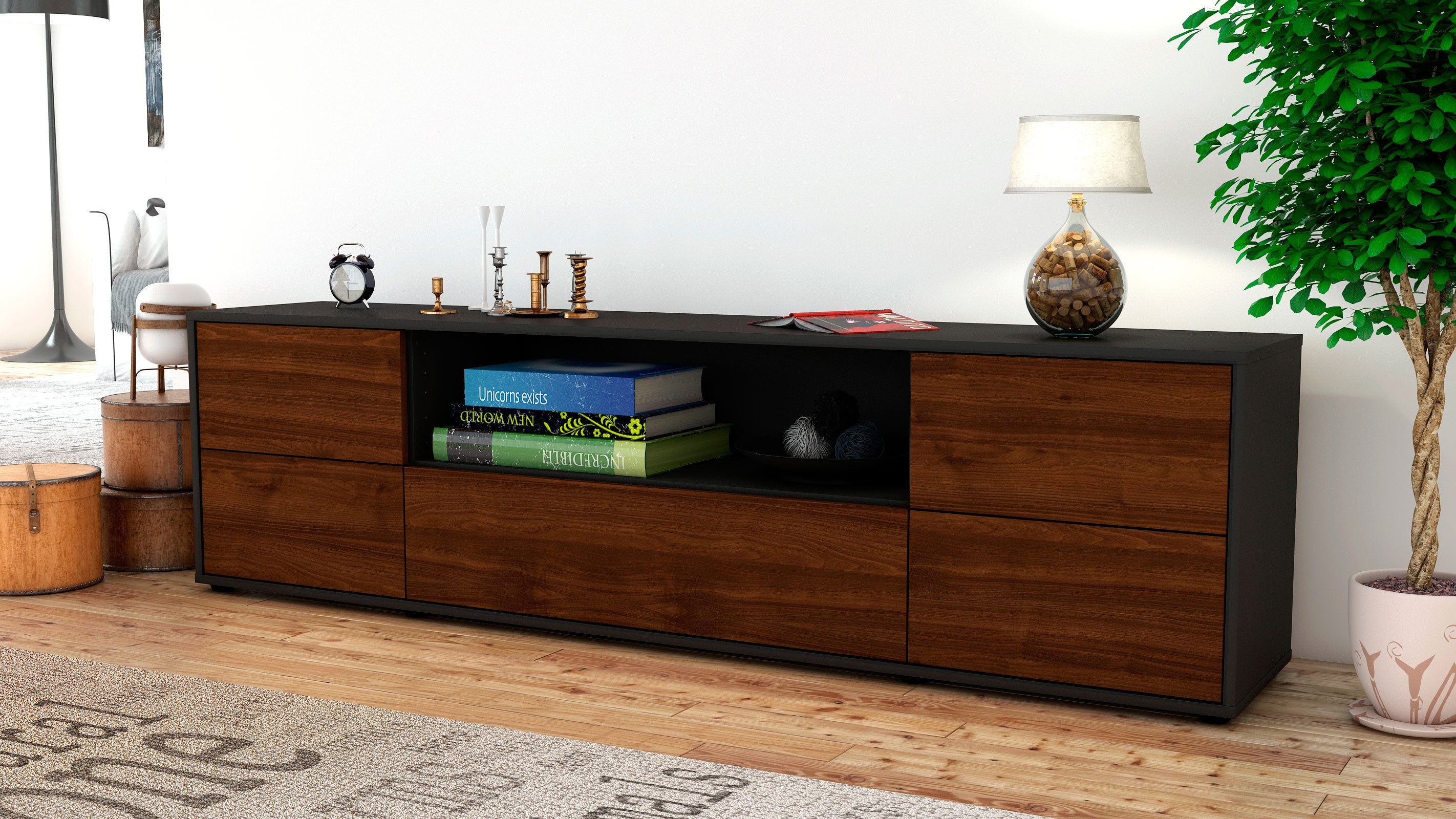 Lowboard - Atlanta - Design Holzdekor - Freistehend mit Push to Open 180 cm Anthrazit