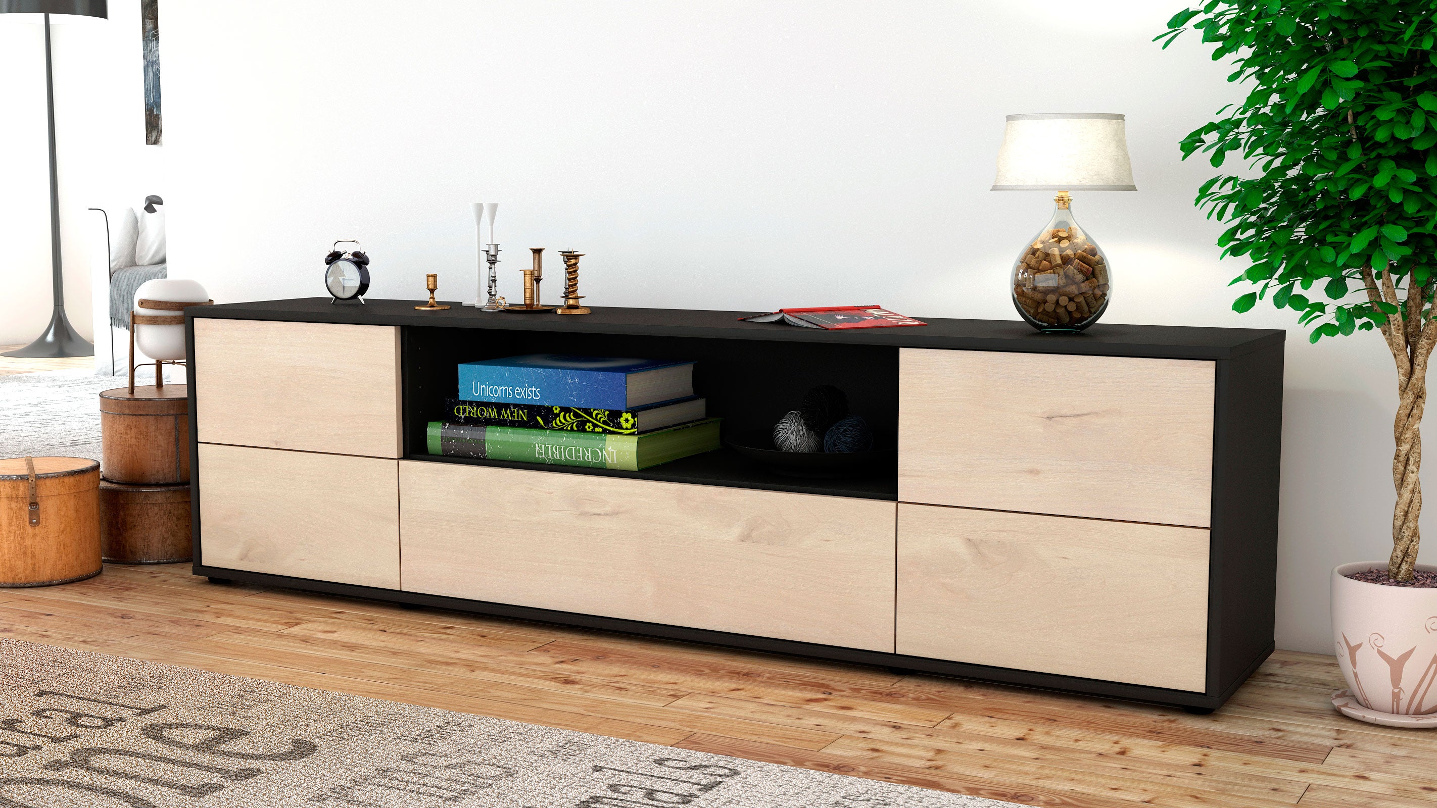 Lowboard - Atlanta - Design Holzdekor - Freistehend mit Push to Open 180 cm Anthrazit