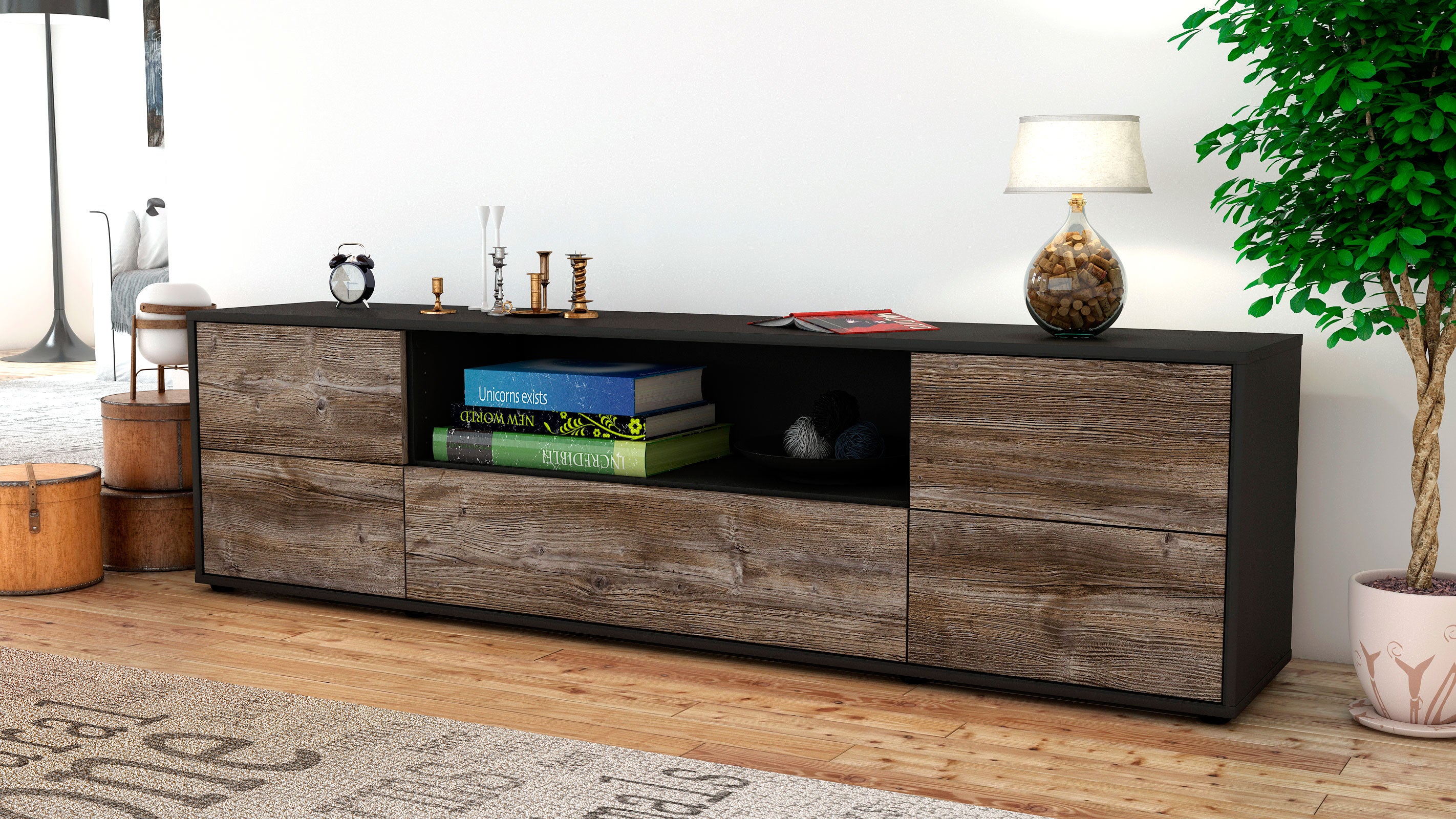 Lowboard - Atlanta - Design Holzdekor - Freistehend mit Push to Open 180 cm Anthrazit
