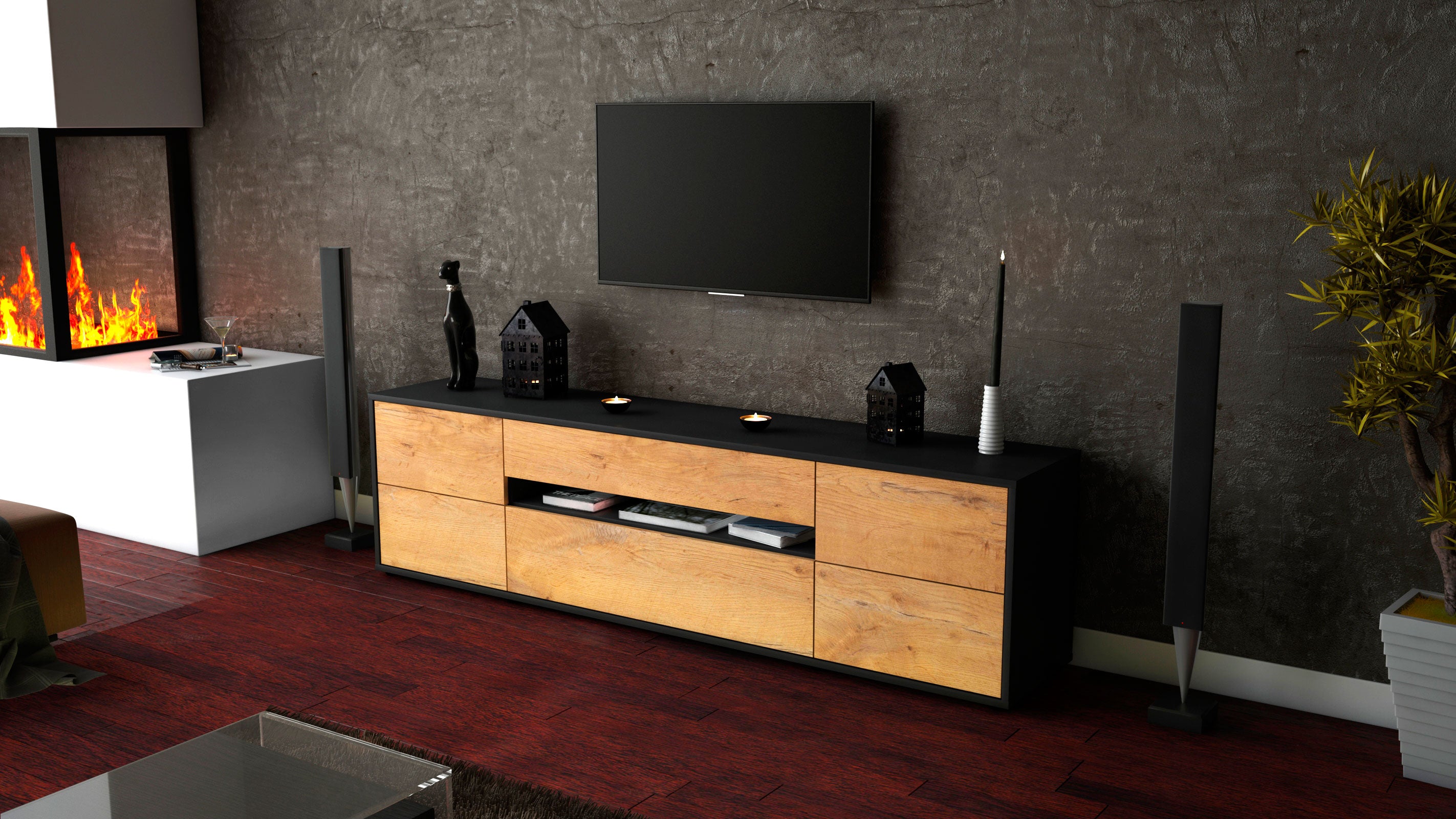 Lowboard - Bjonda - Design Holzdekor - Freistehend mit Push to Open 180 cm Anthrazit