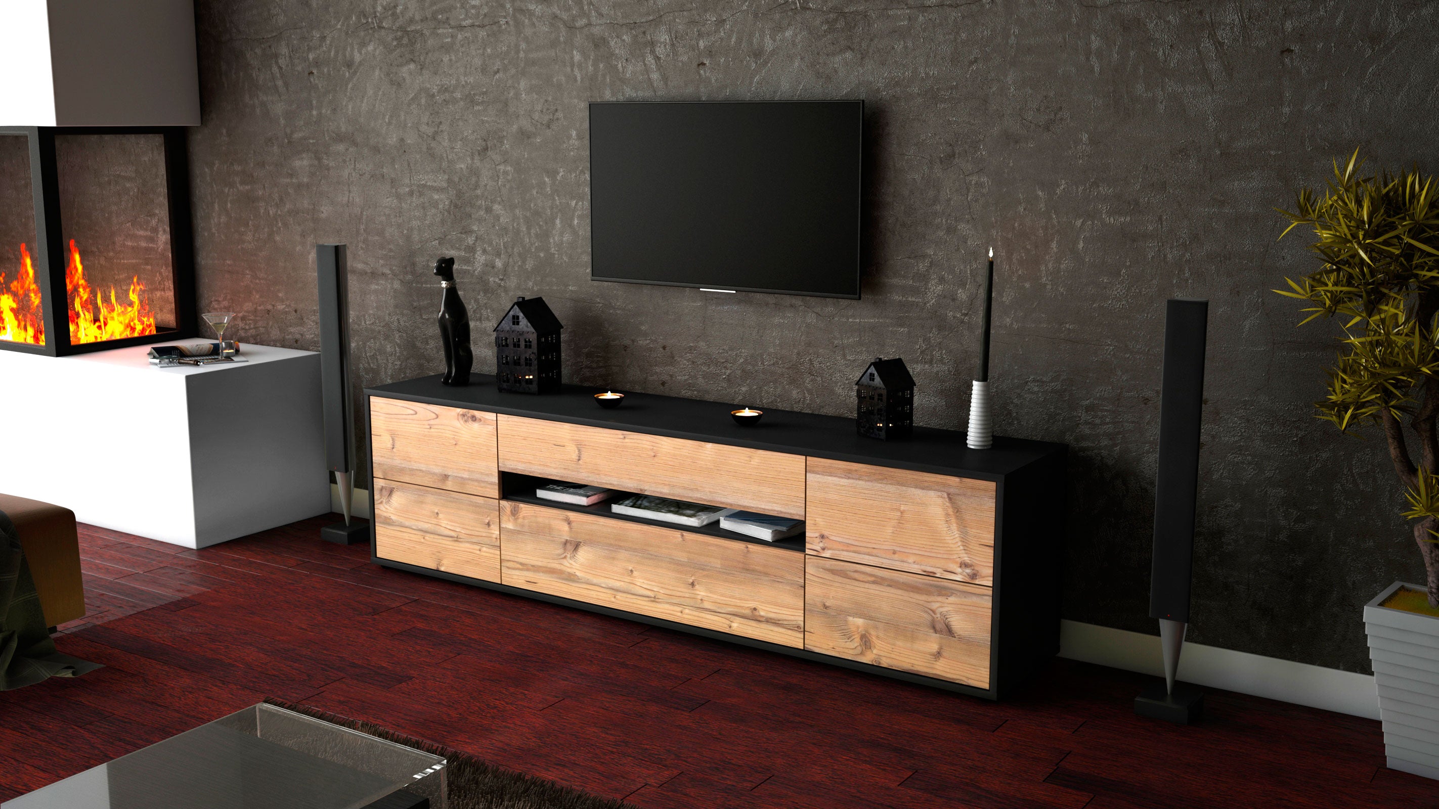 Lowboard - Bjonda - Design Holzdekor - Freistehend mit Push to Open 180 cm Anthrazit
