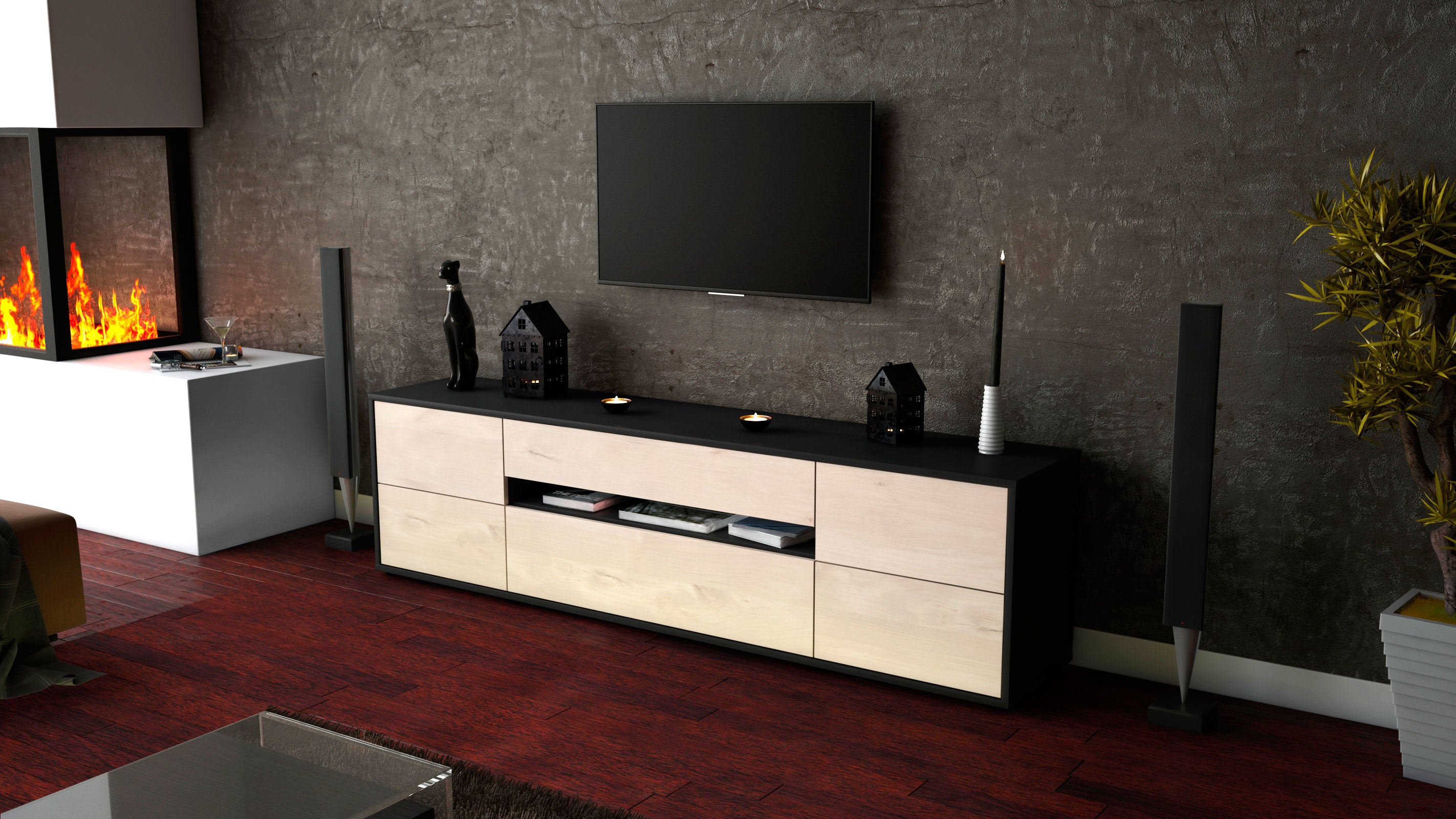 Lowboard - Bjonda - Design Holzdekor - Freistehend mit Push to Open 180 cm Anthrazit