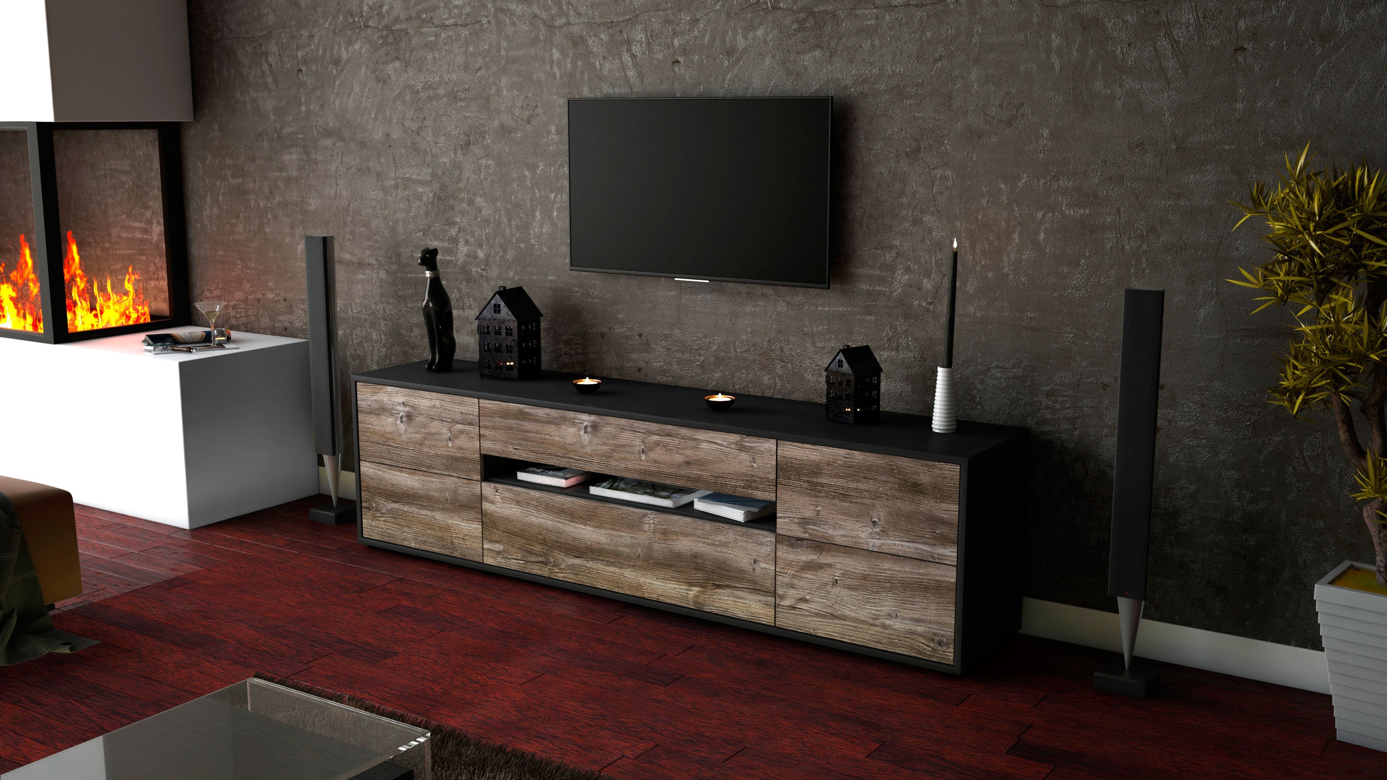 Lowboard - Bjonda - Design Holzdekor - Freistehend mit Push to Open 180 cm Anthrazit