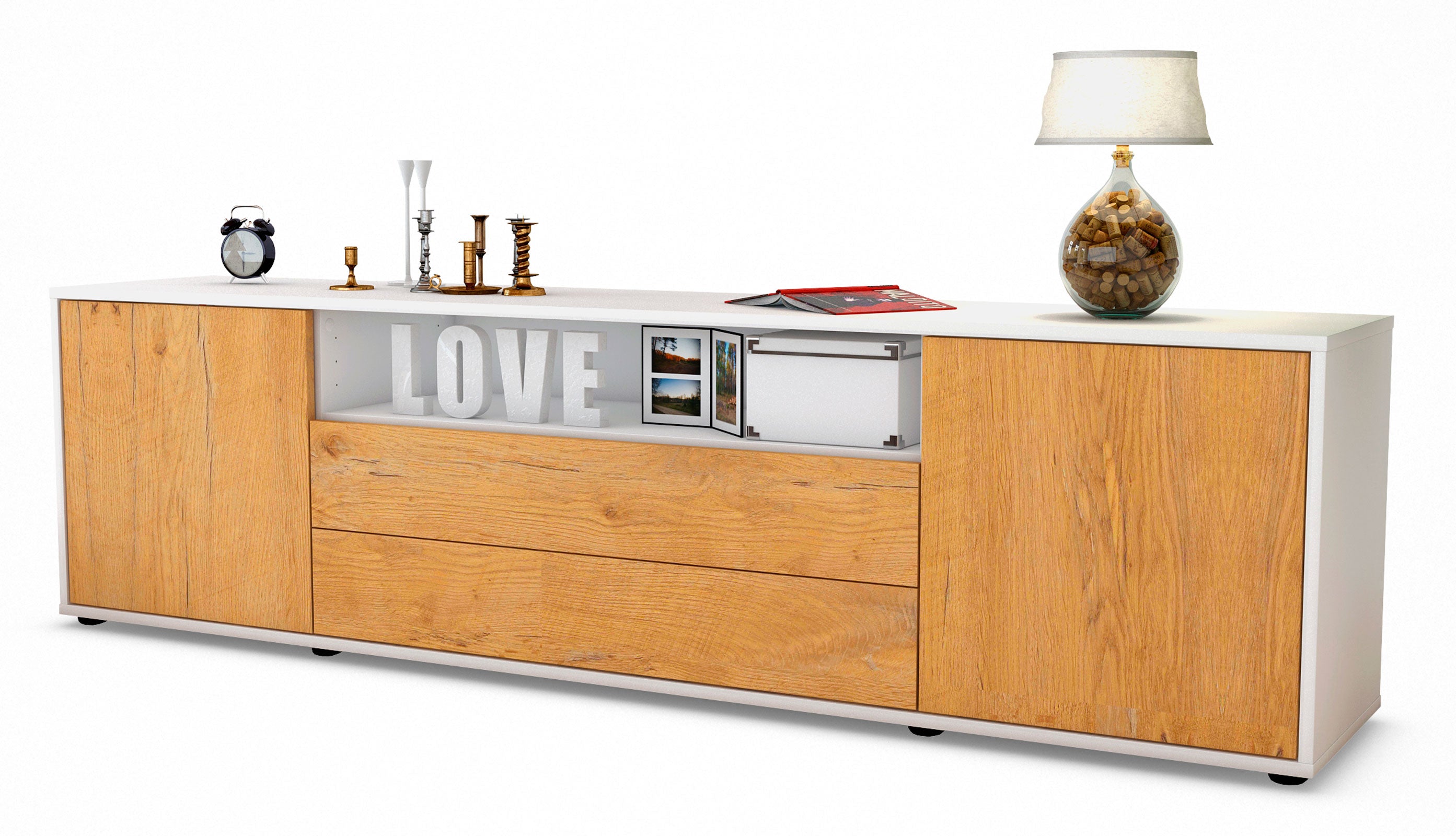 Lowboard - Armanda - Design Holzdekor - Freistehend mit Push to Open 180 cm Weiss