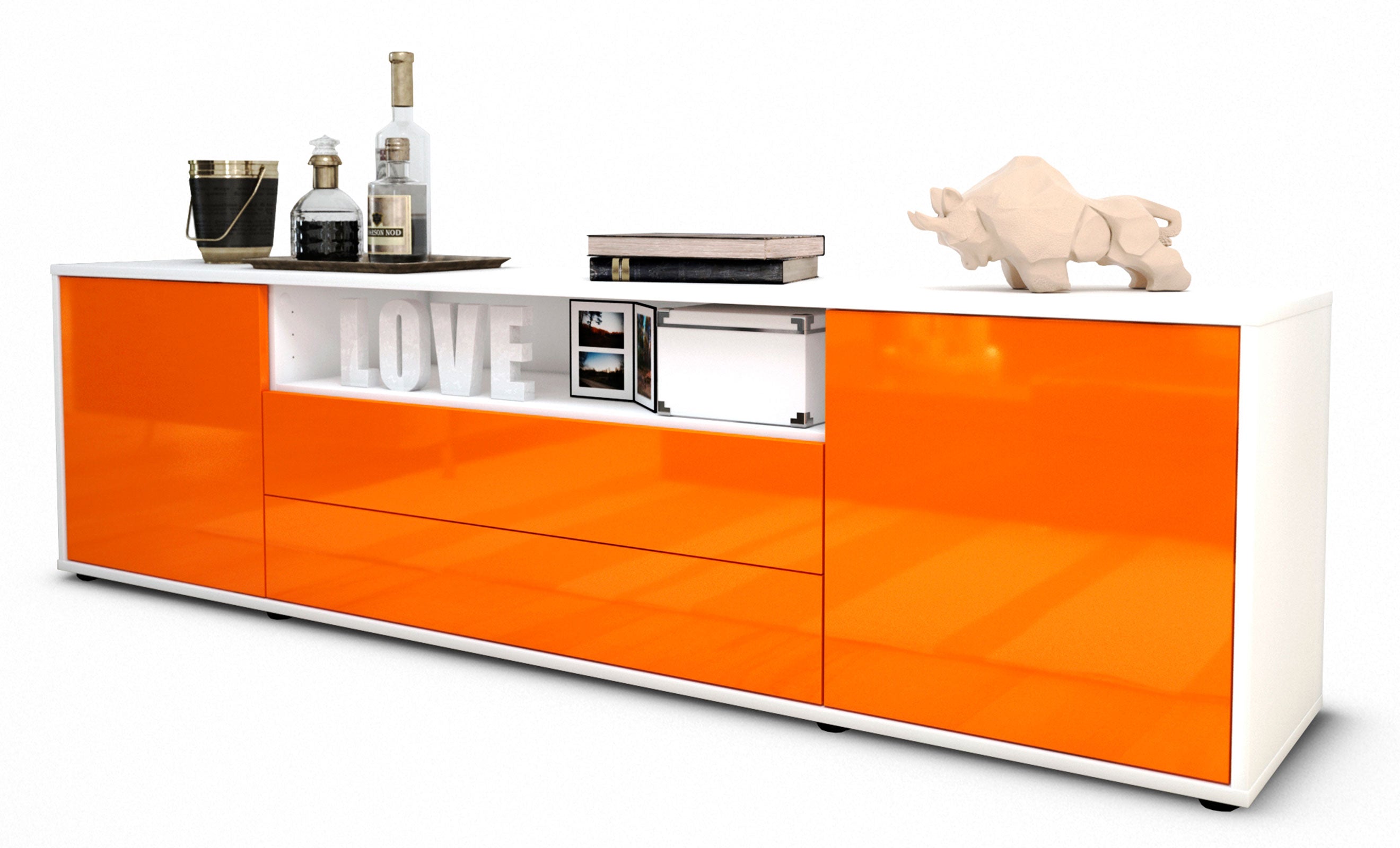 Lowboard - Armanda - Design Hochglanz - Freistehend mit Push to Open 180 cm Weiss