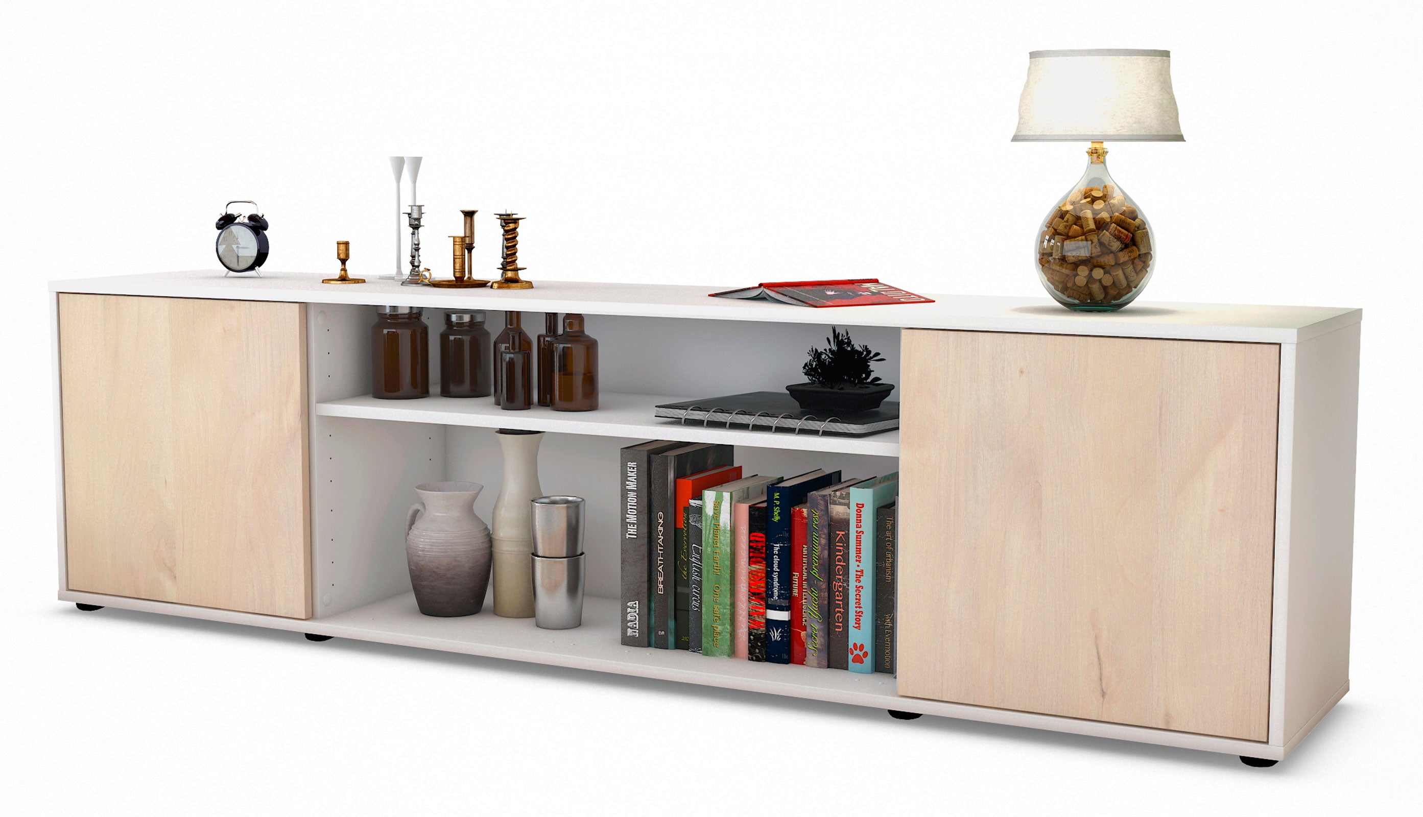 Lowboard - Asia - Design Holzdekor - Freistehend mit Push to Open 180 cm Weiss