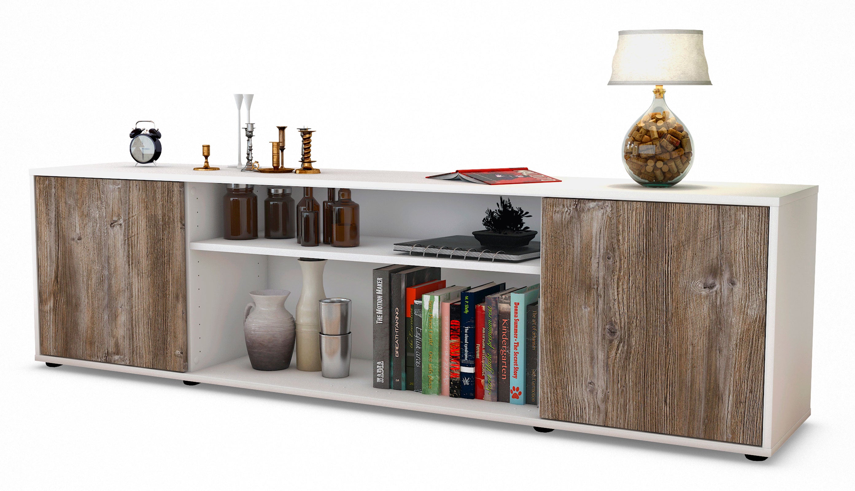 Lowboard - Asia - Design Holzdekor - Freistehend mit Push to Open 180 cm Weiss