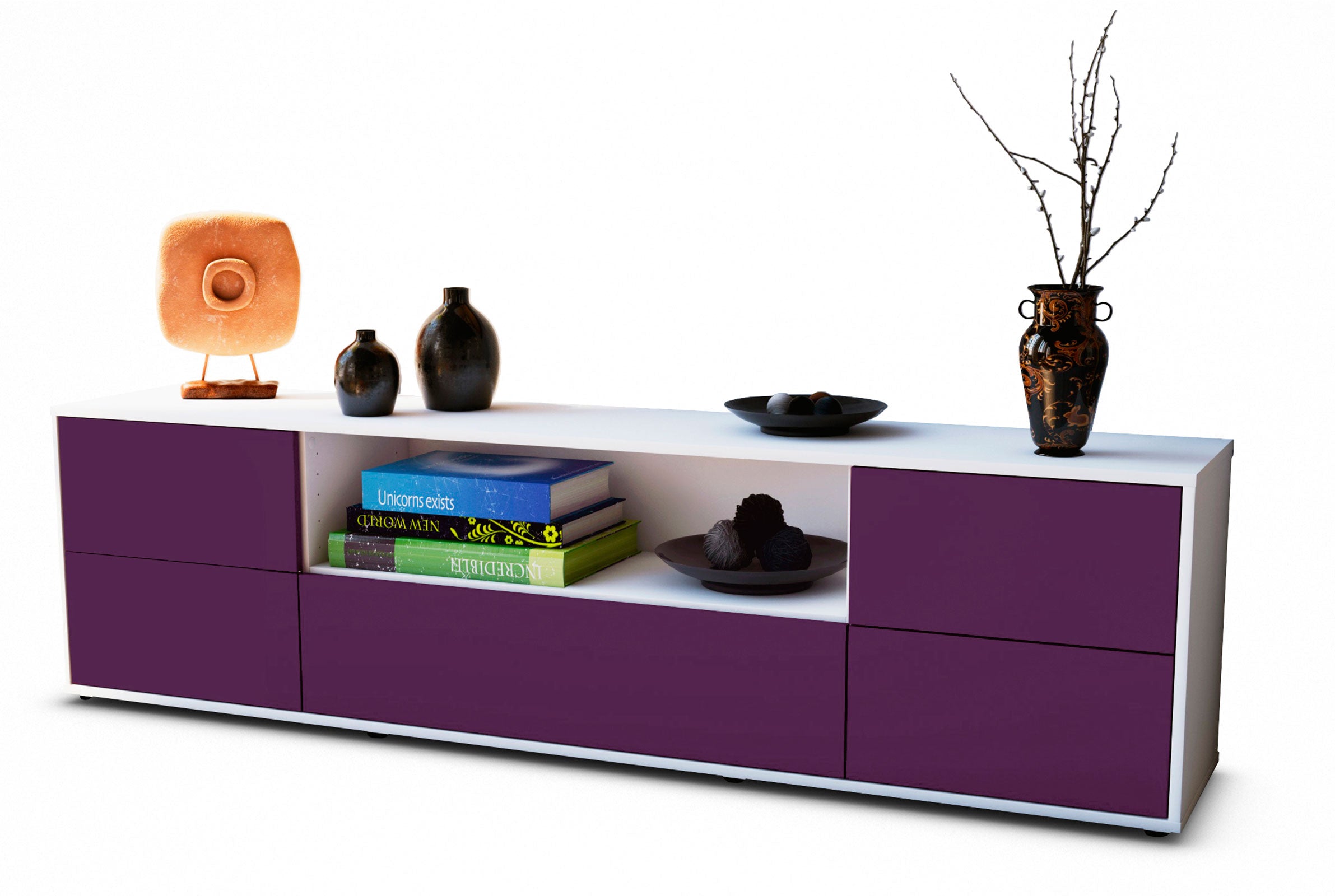 Lowboard - Atlanta - Design Farbakzent - Freistehend mit Push to Open 180 cm Weiss
