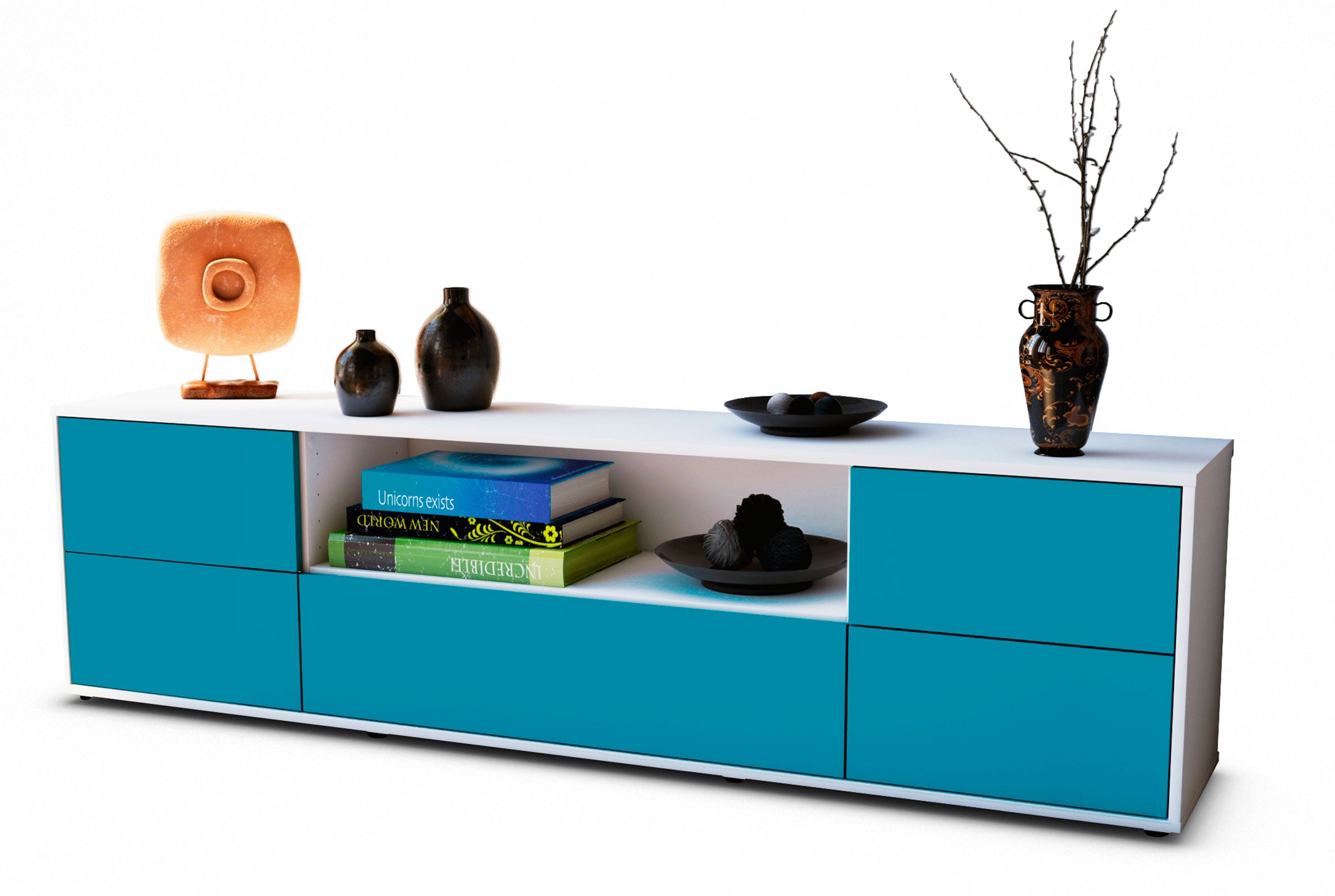 Lowboard - Atlanta - Design Farbakzent - Freistehend mit Push to Open 180 cm Weiss