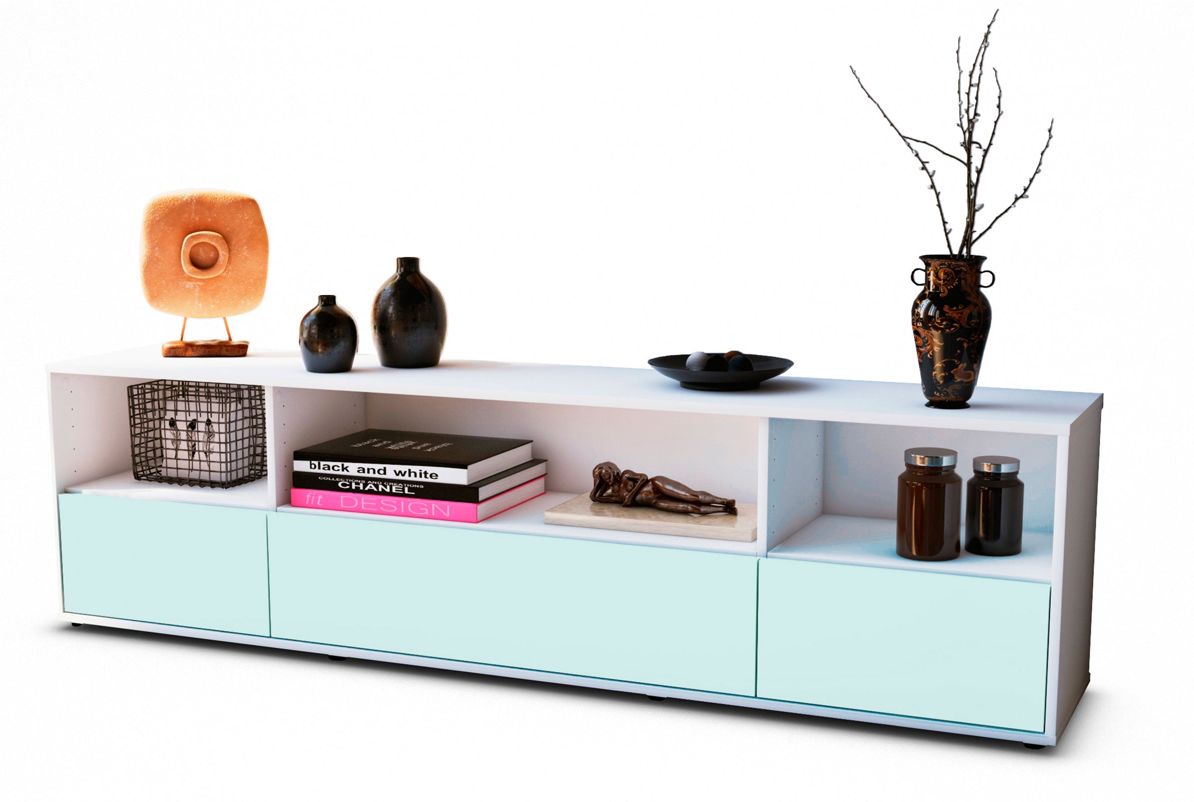 Lowboard - Aurelia - Design Farbakzent - Freistehend mit Push to Open 180 cm Weiss