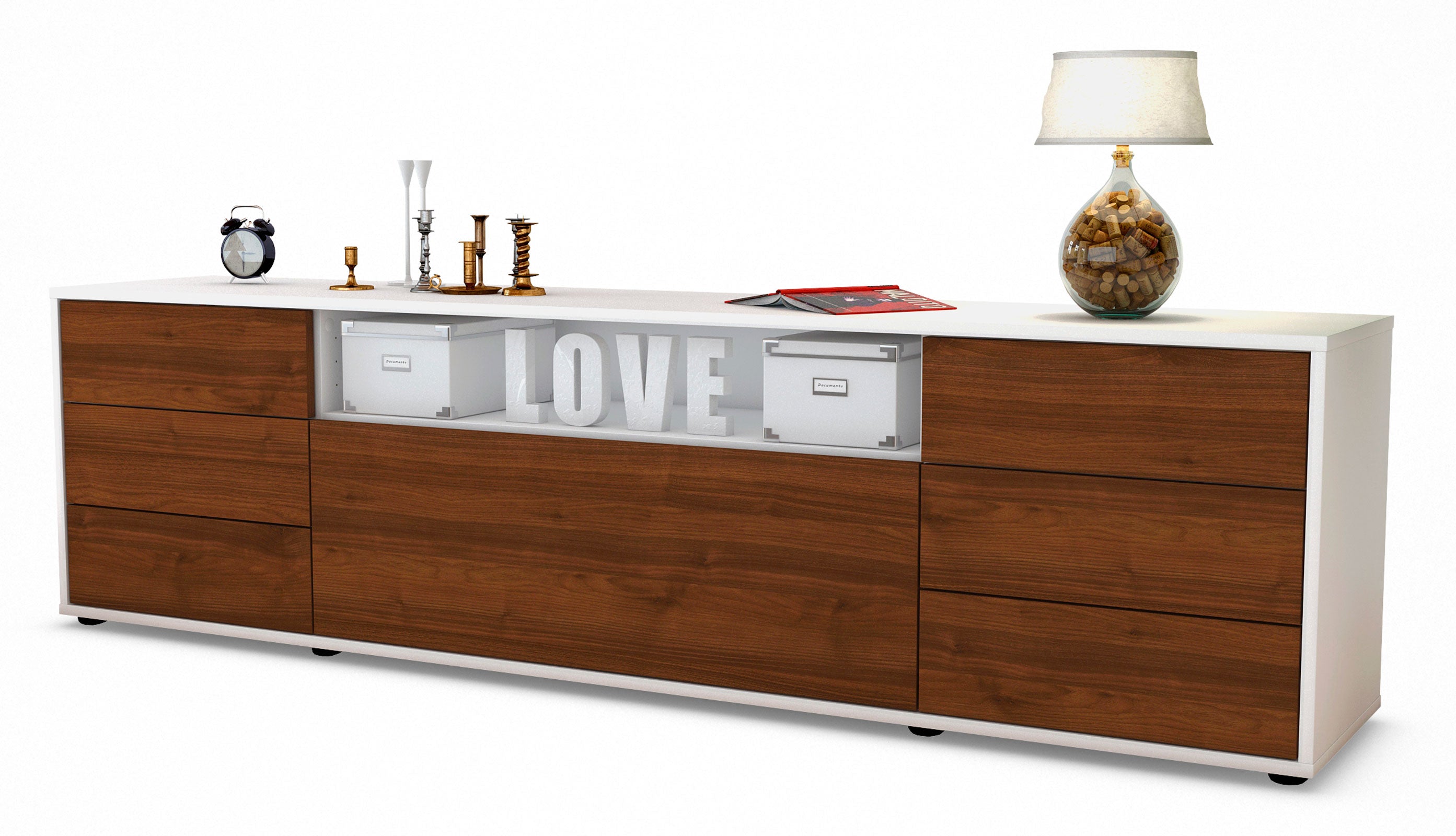 Lowboard - Beatrice - Design Holzdekor - Freistehend mit Push to Open 180 cm Weiss