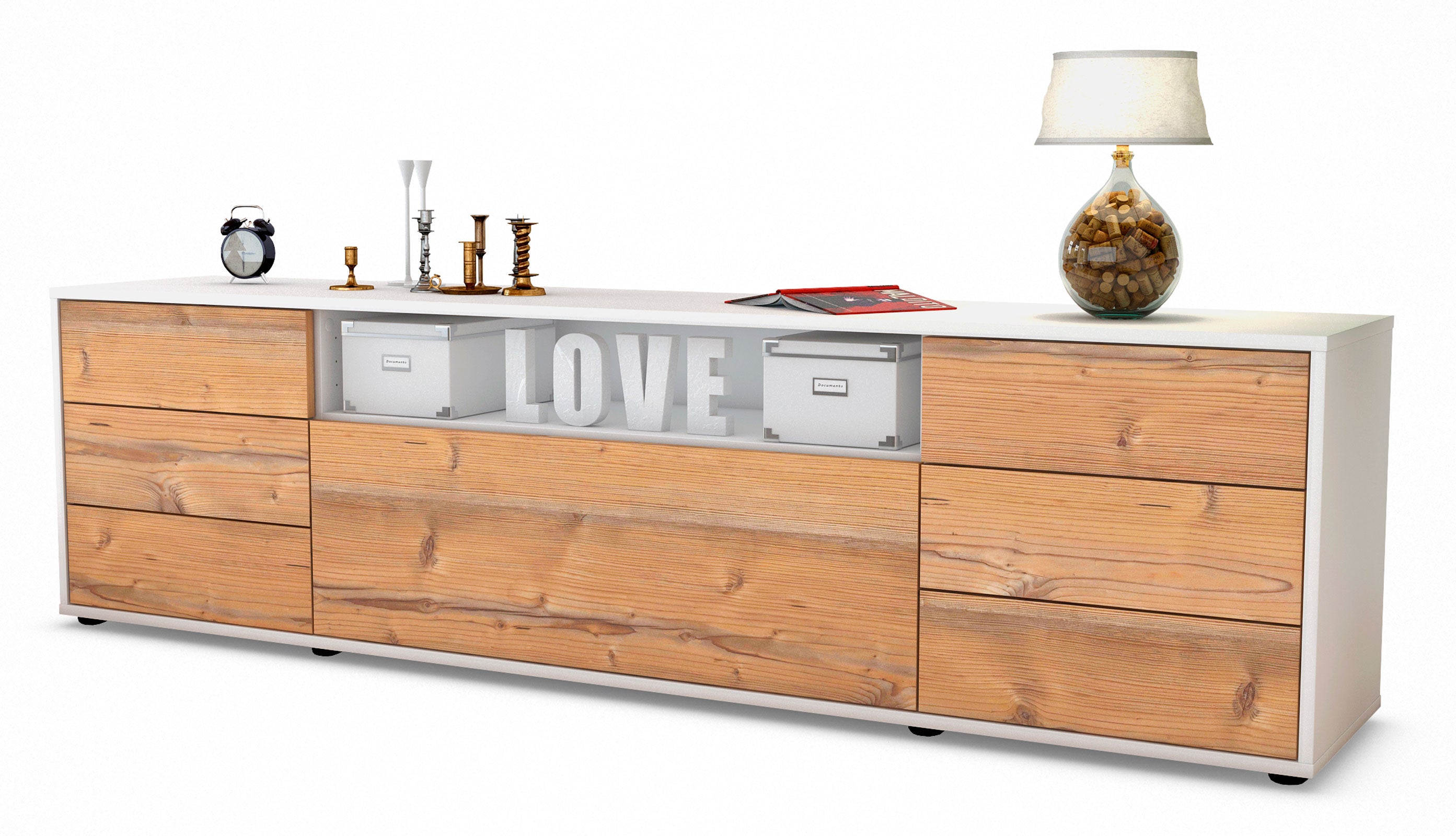 Lowboard - Beatrice - Design Holzdekor - Freistehend mit Push to Open 180 cm Weiss