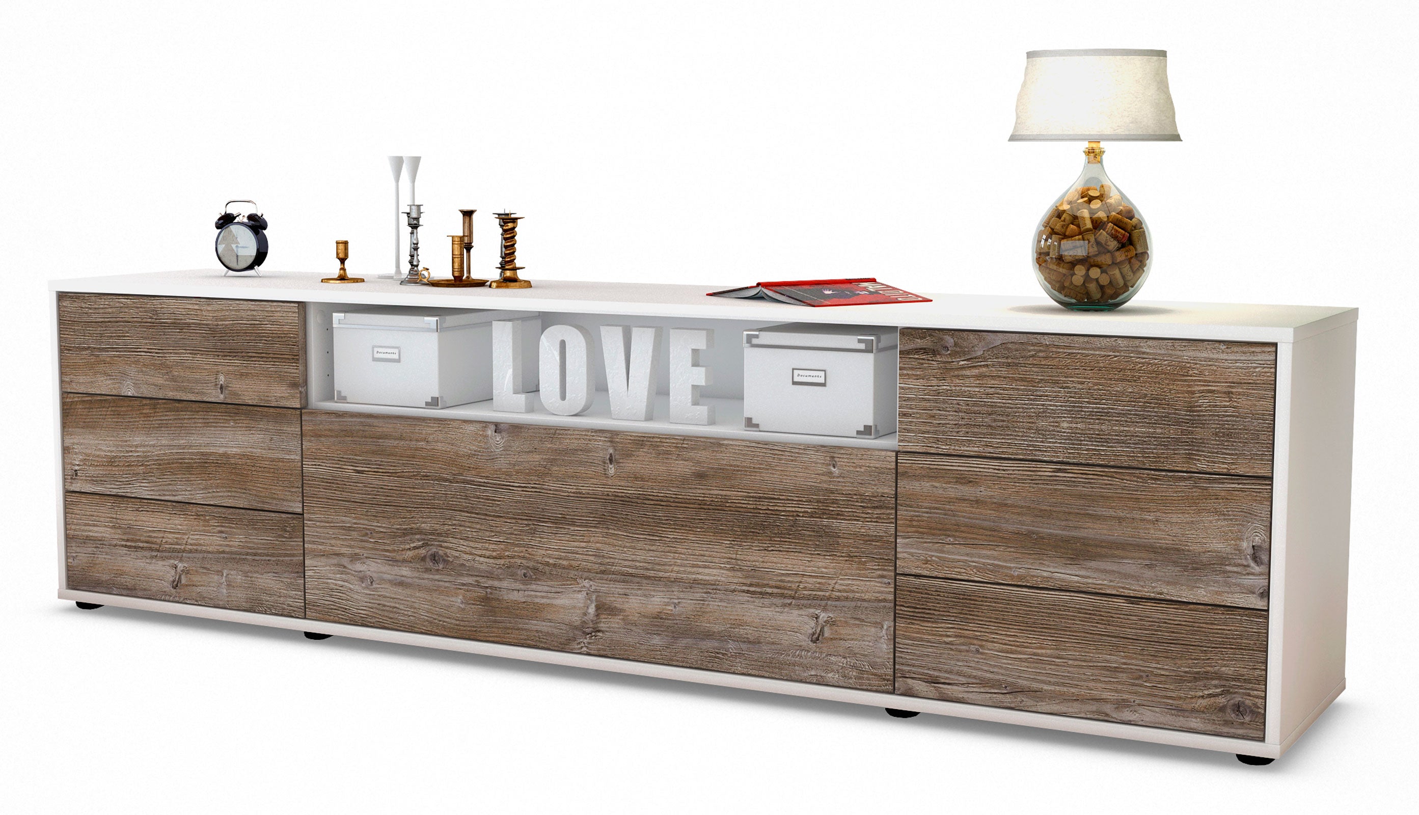 Lowboard - Beatrice - Design Holzdekor - Freistehend mit Push to Open 180 cm Weiss