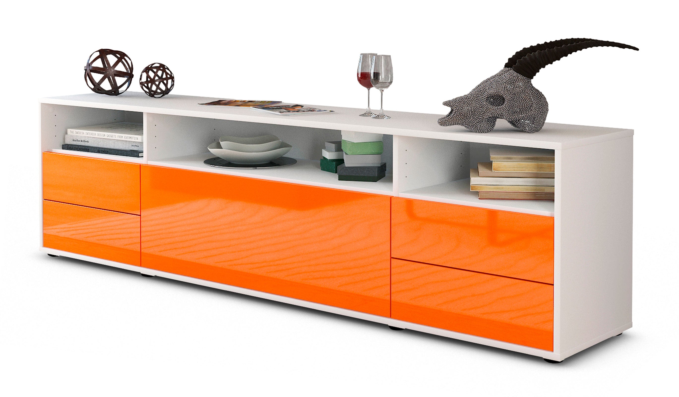 Lowboard - Bella - Design Hochglanz - Freistehend mit Push to Open 180 cm Weiss