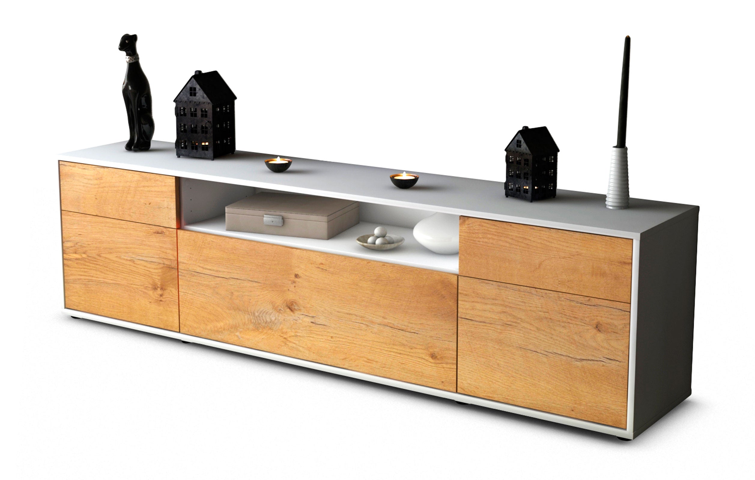 Lowboard - Bernadetta - Design Holzdekor - Freistehend mit Push to Open 180 cm Weiss