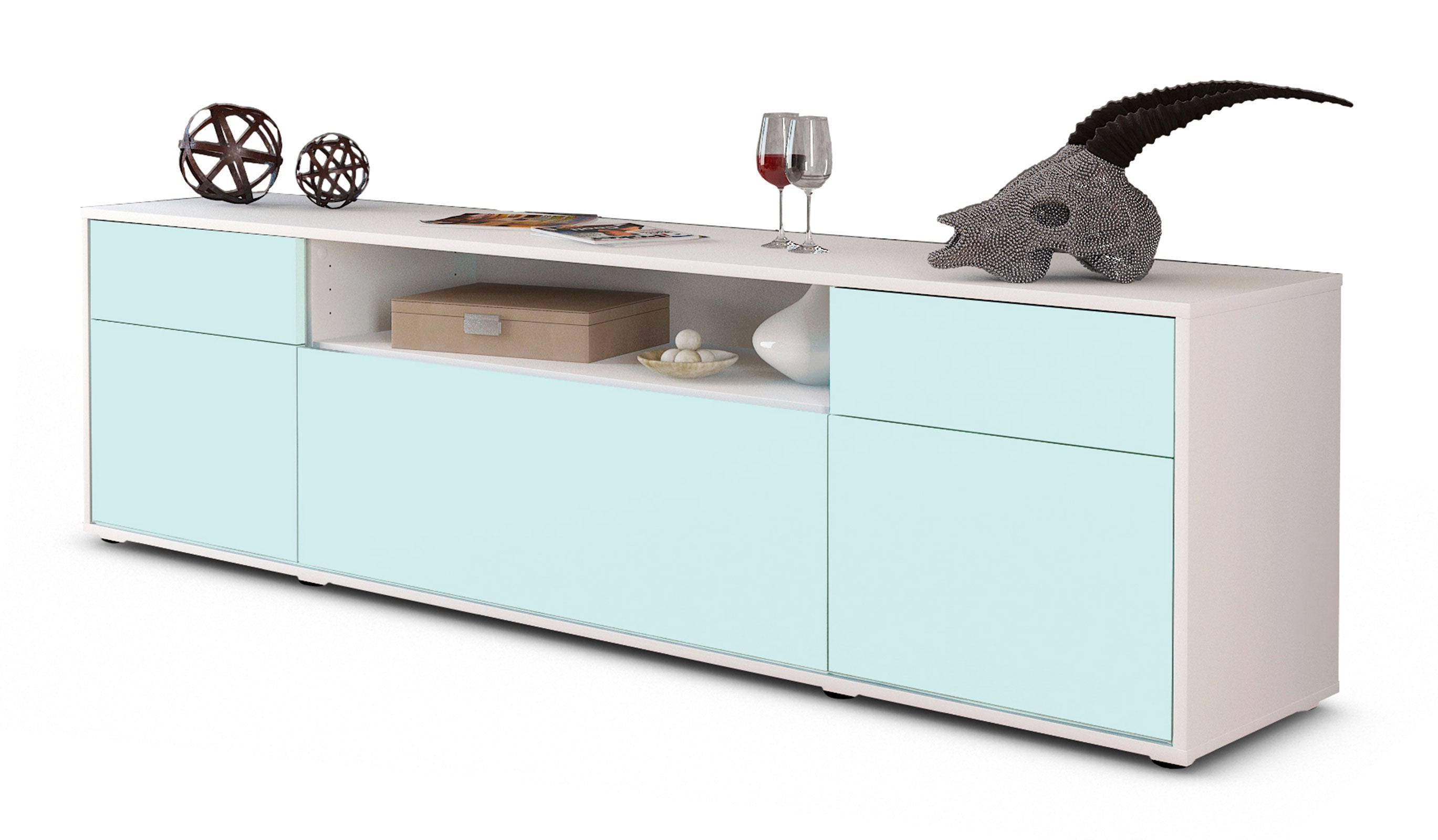 Lowboard - Bernadetta - Design Farbakzent - Freistehend mit Push to Open 180 cm Weiss