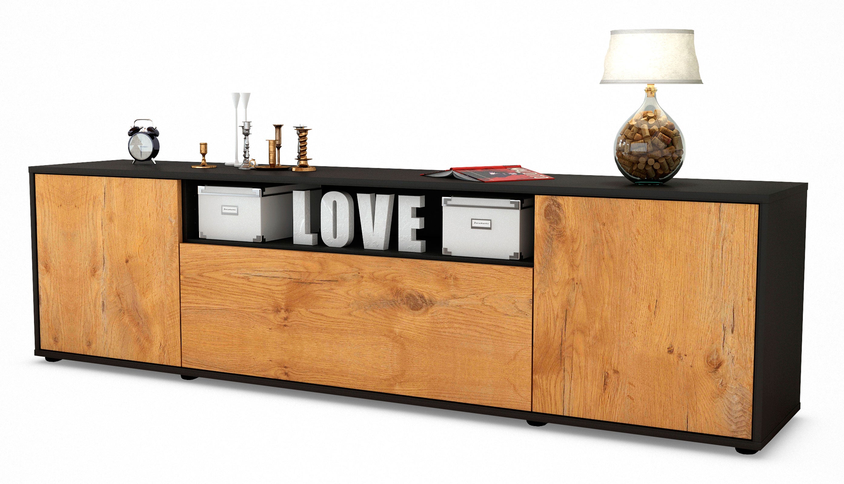 Lowboard - Ariana - Design Holzdekor - Freistehend mit Push to Open 180 cm Anthrazit