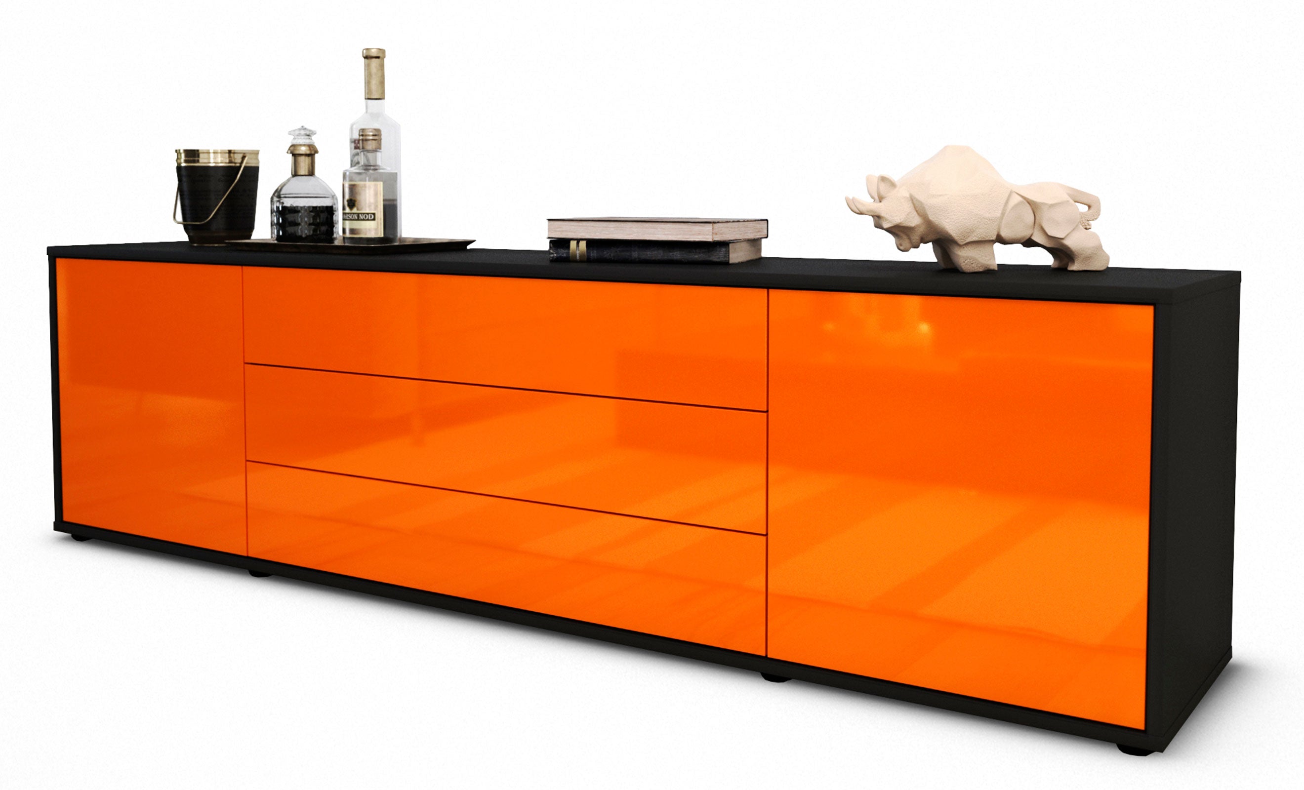 Lowboard - Ariella - Design Hochglanz - Freistehend mit Push to Open 180 cm Anthrazit