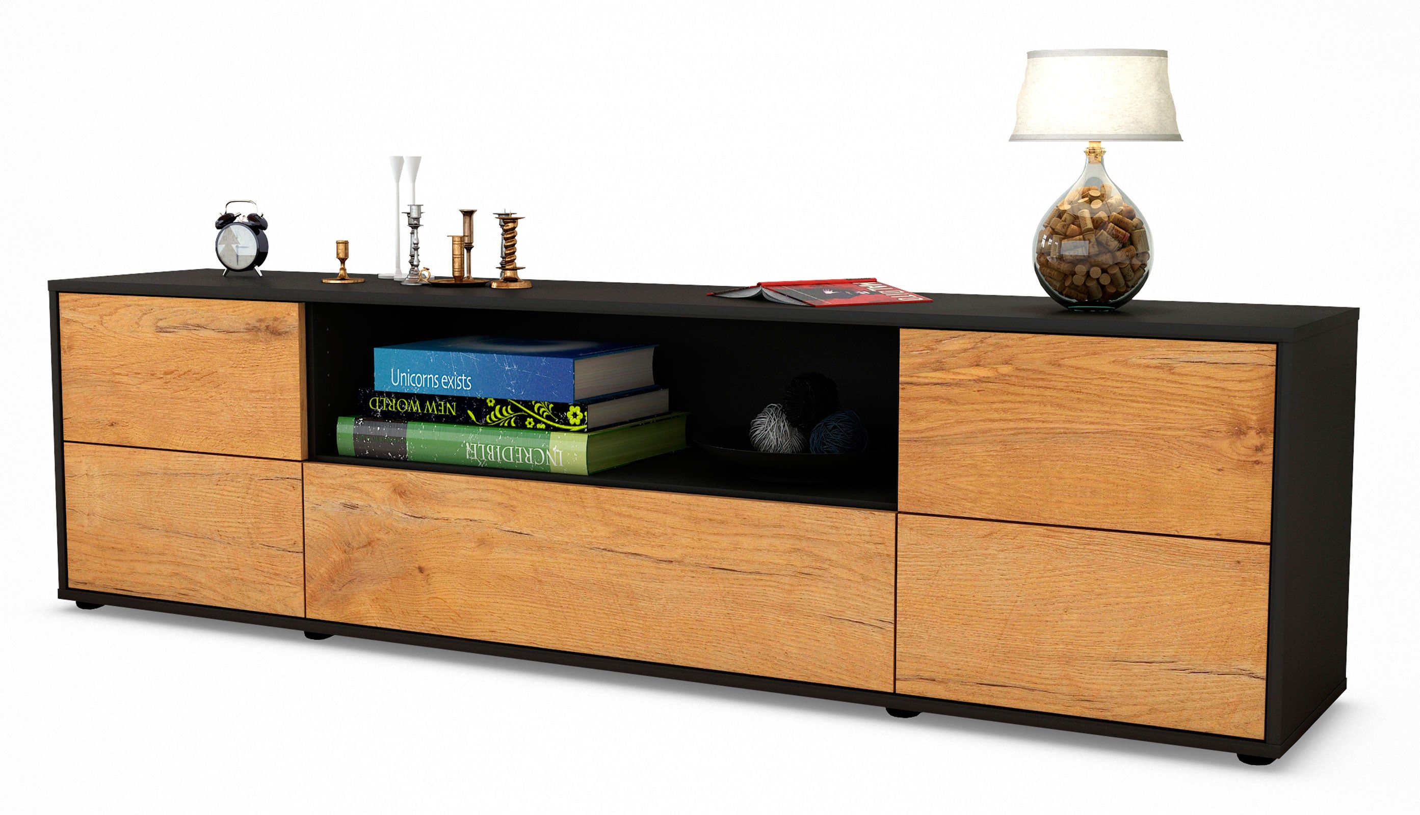 Lowboard - Atlanta - Design Holzdekor - Freistehend mit Push to Open 180 cm Anthrazit