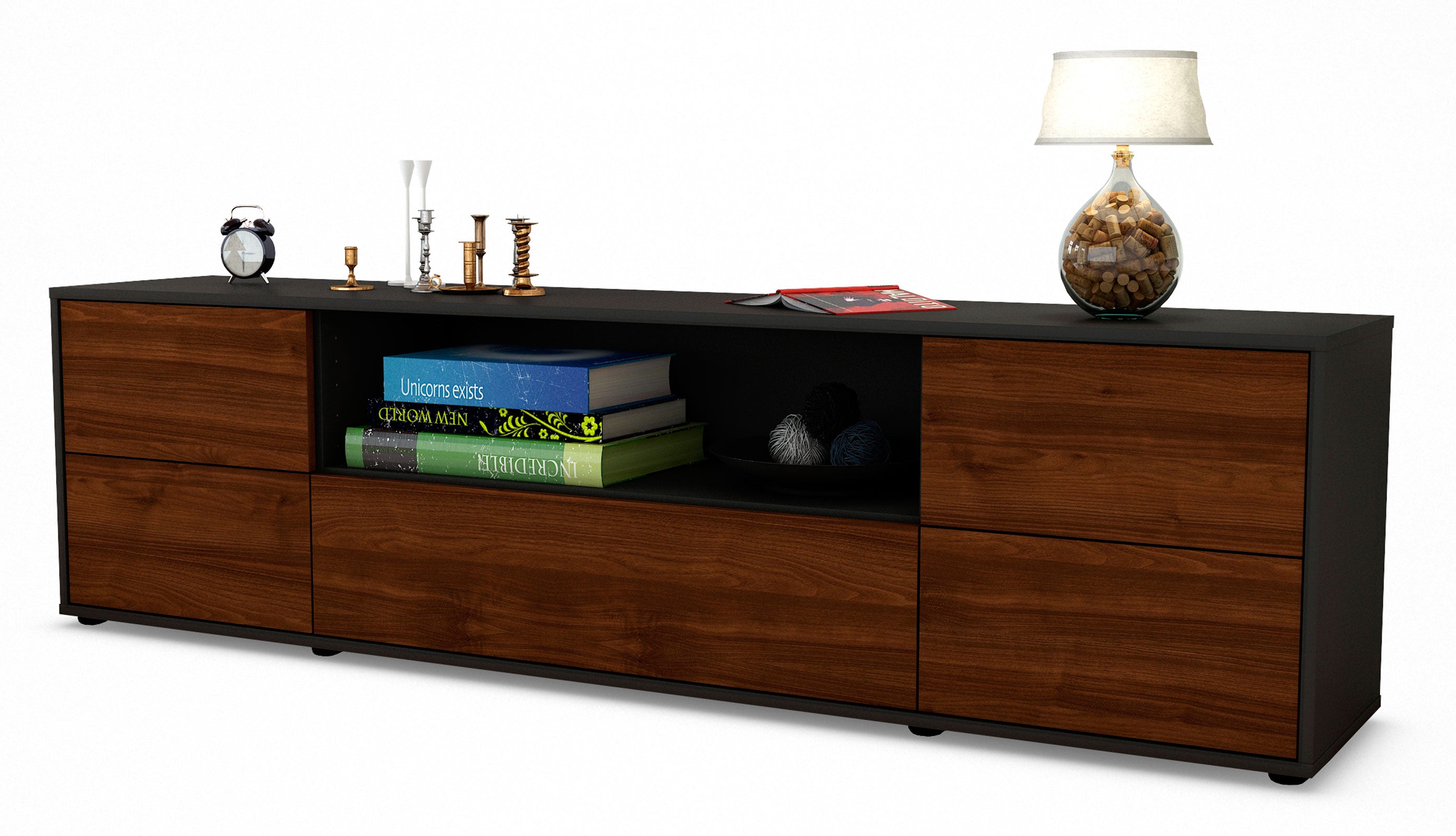 Lowboard - Atlanta - Design Holzdekor - Freistehend mit Push to Open 180 cm Anthrazit