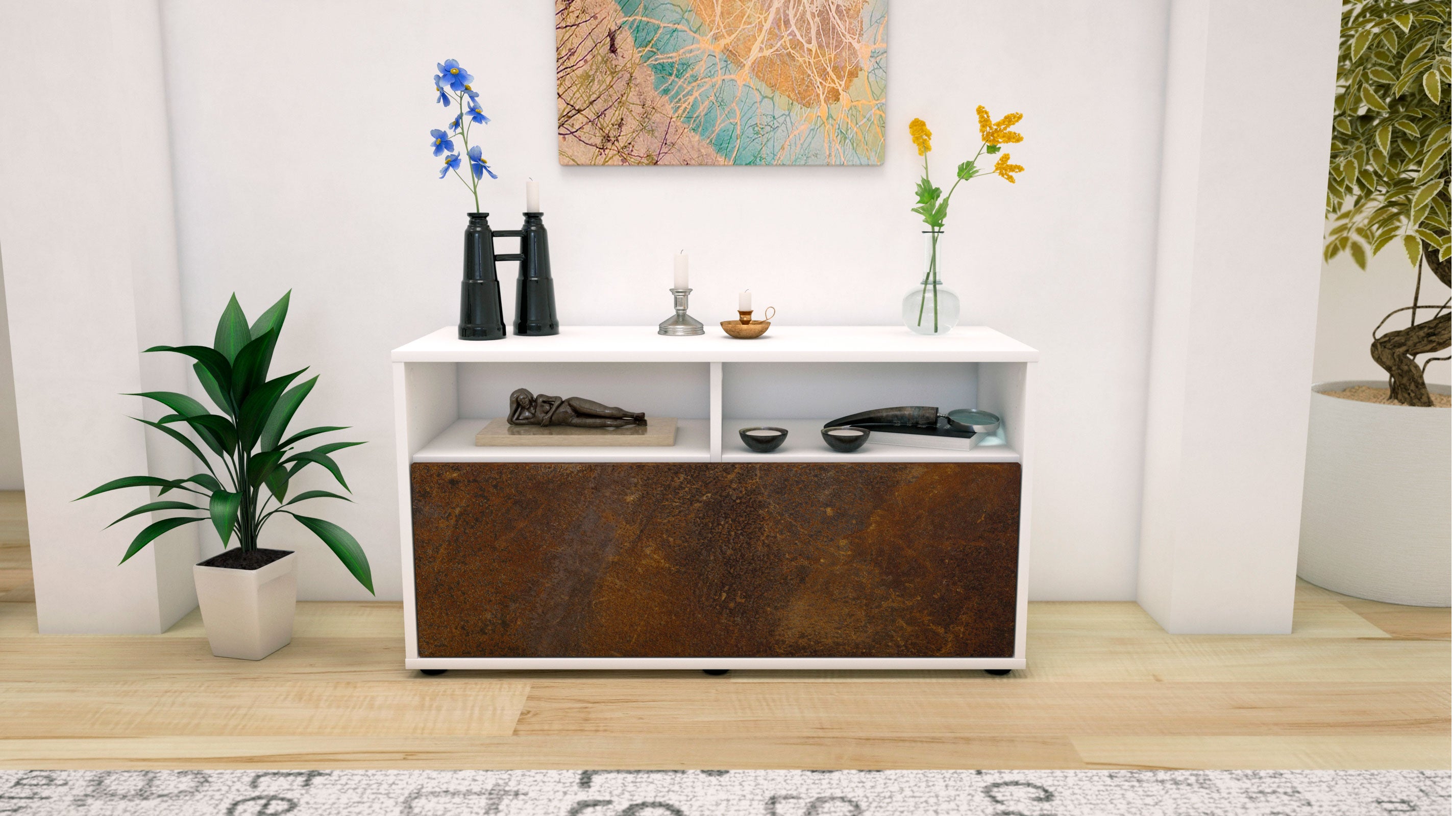 Lowboard - Agostina - Design Industrie Stil - Freistehend mit Push to Open 92 cm Weiss